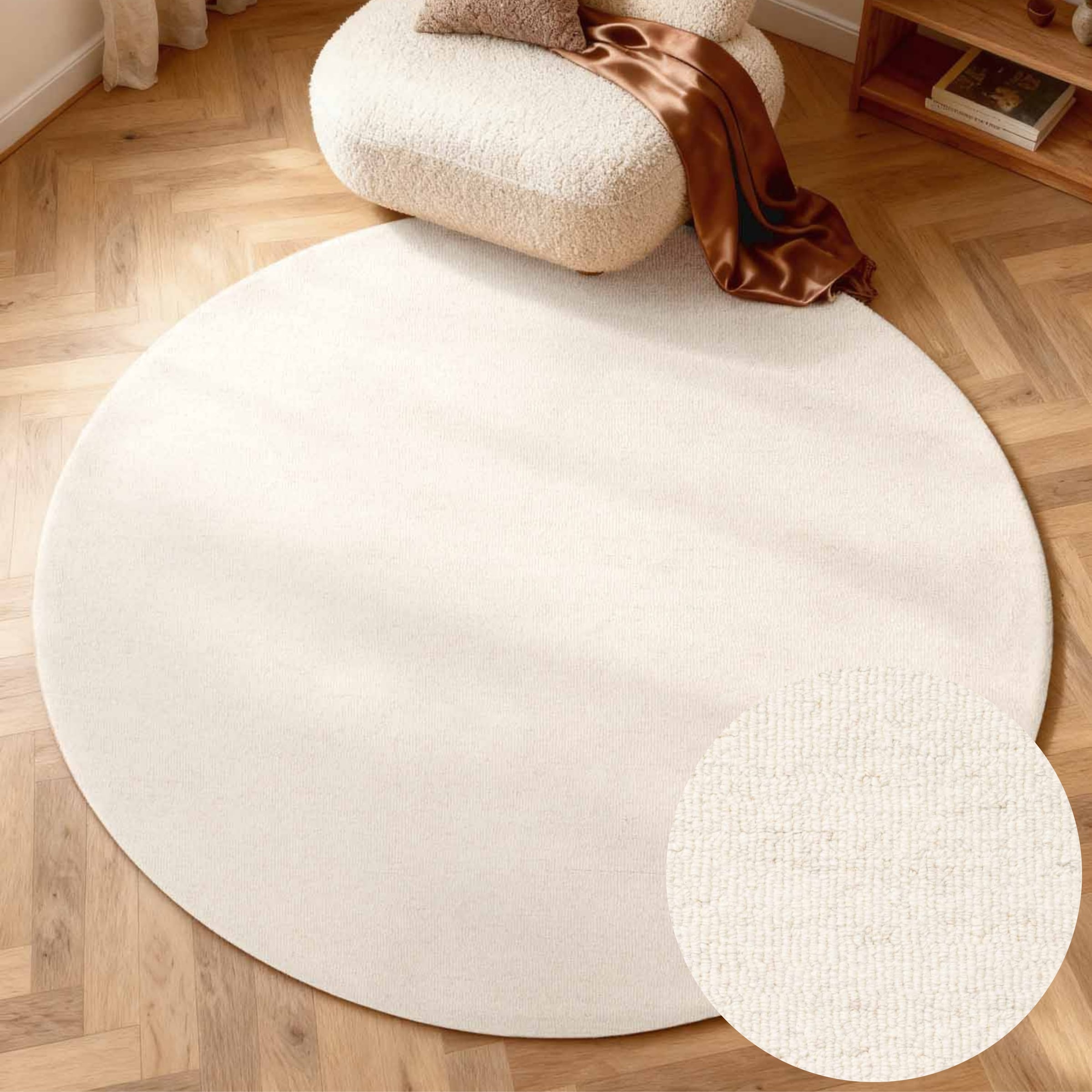 THE RUGS Puristic Fine Boucle Wool Rug Knots Textured Living Room Rug in Natural White | Size: 200cm diameter