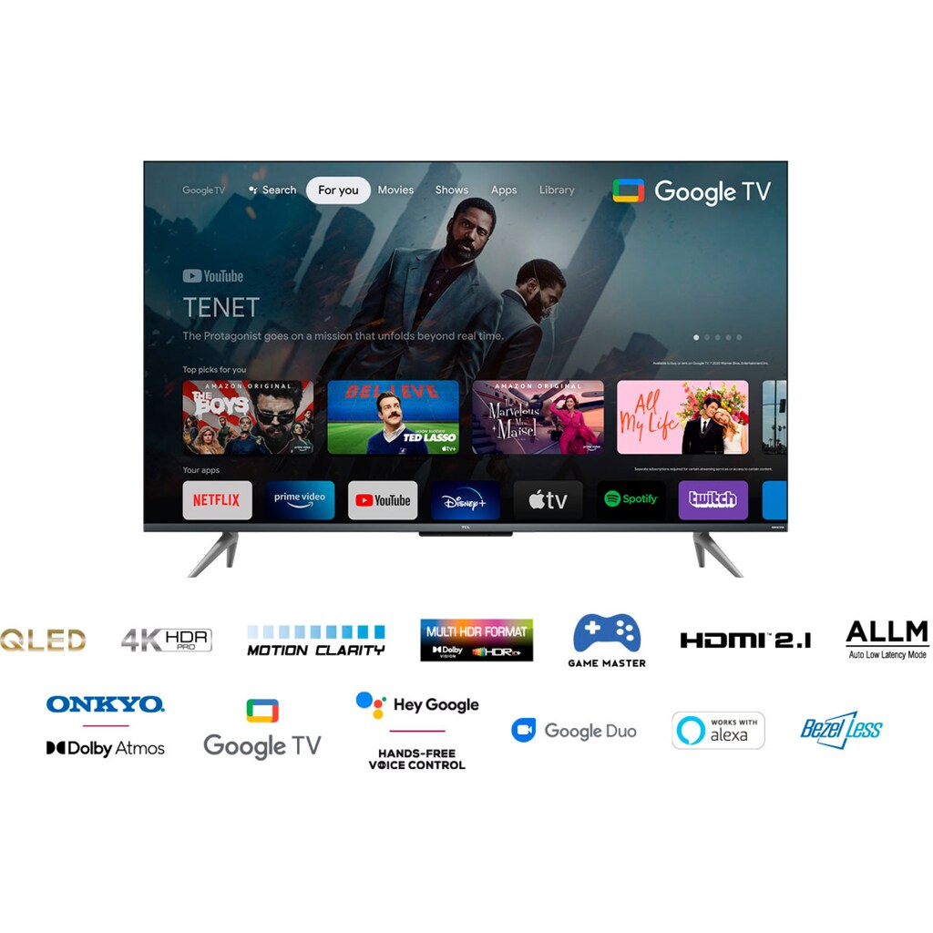 TCL QLED-Fernseher »43C735X2«, 108 cm/43 Zoll, 4K Ultra HD, Smart-TV-Google TV, HDR Premium, Dolby Atmos, HDMI 2.1, Metallgehäuse, ONKYO-Sound