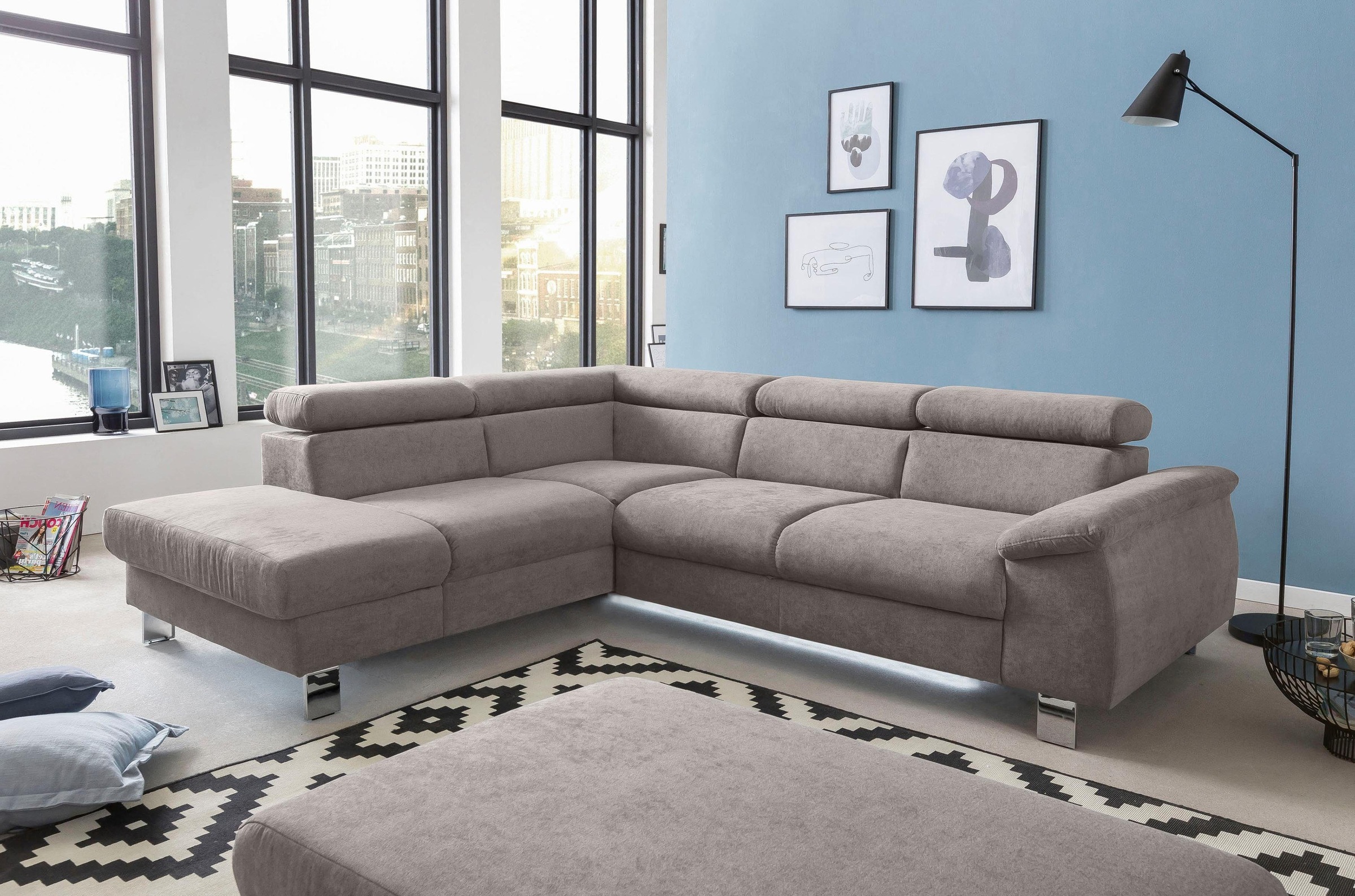 COTTA Ecksofa »Komaris L-Form mit Kopfteilverstellung«, wahlweise mit Bettfunktion, Bettkasten & Beleuchtung