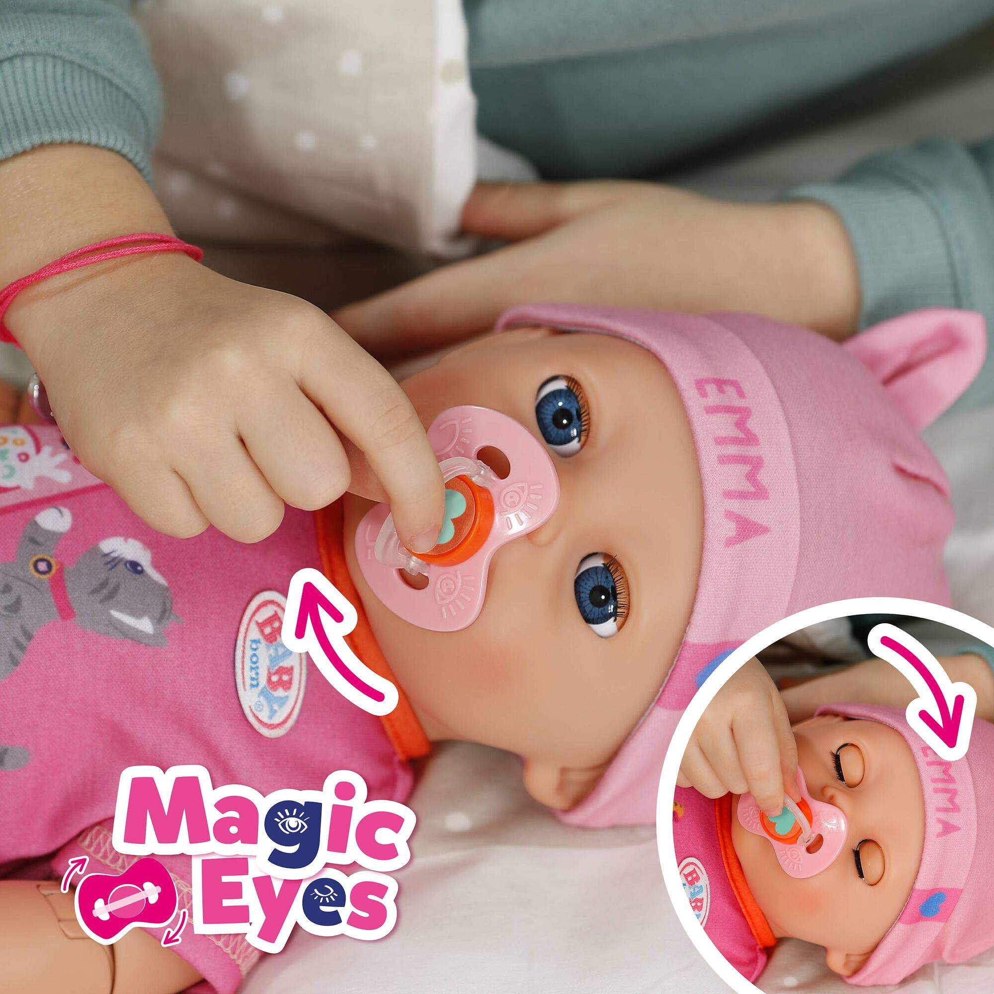 Baby Born Babypuppe »Emma Click & Play 43cm« mit Click-&-Play: Hält Fläschchen und Löffel selbst - ohne Batterien