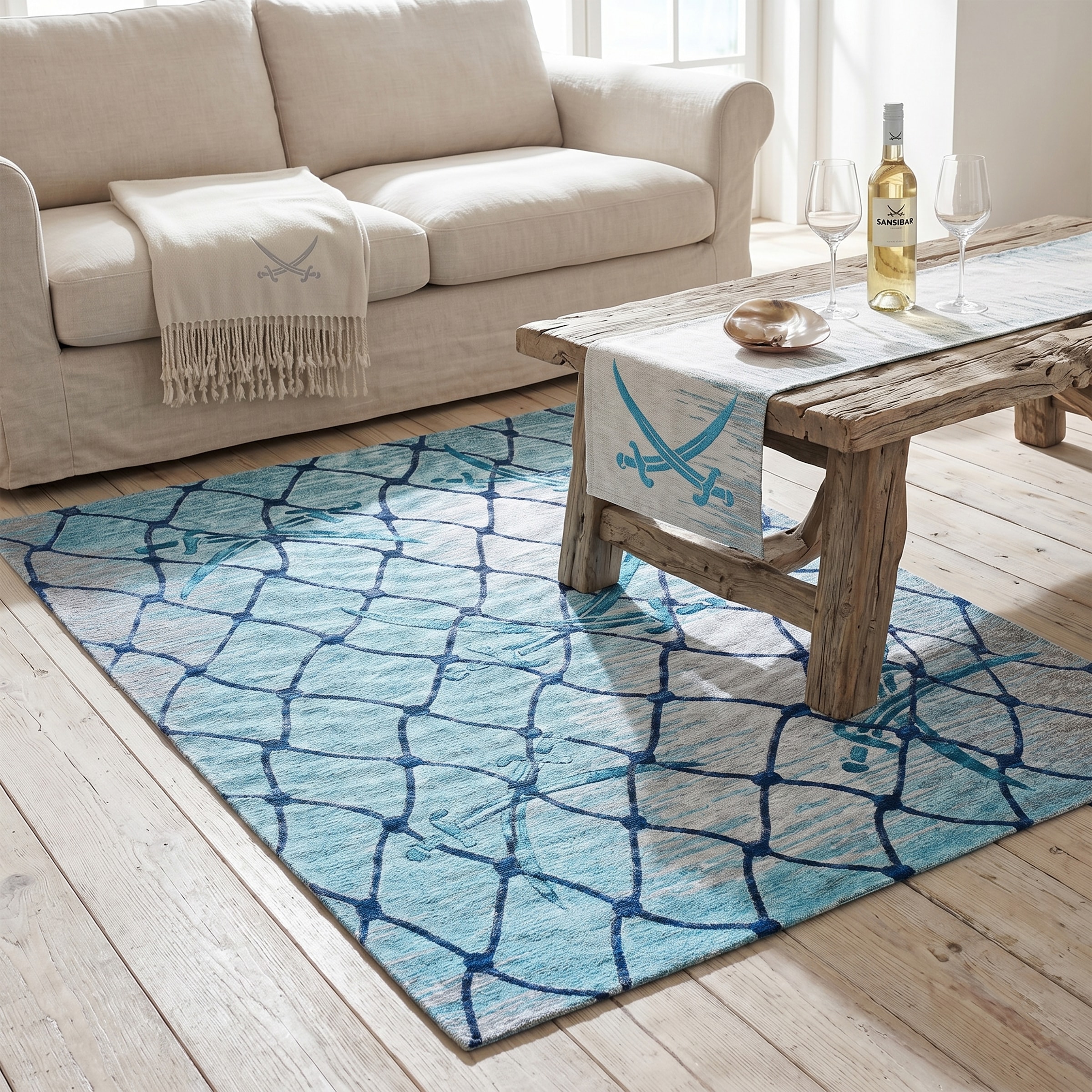 Sansibar Teppich »Keitum 005« rechteckig 3 mm Höhe Flachgewebe, modernes Design, Motiv Fischernetz & gekreuzte Säbel