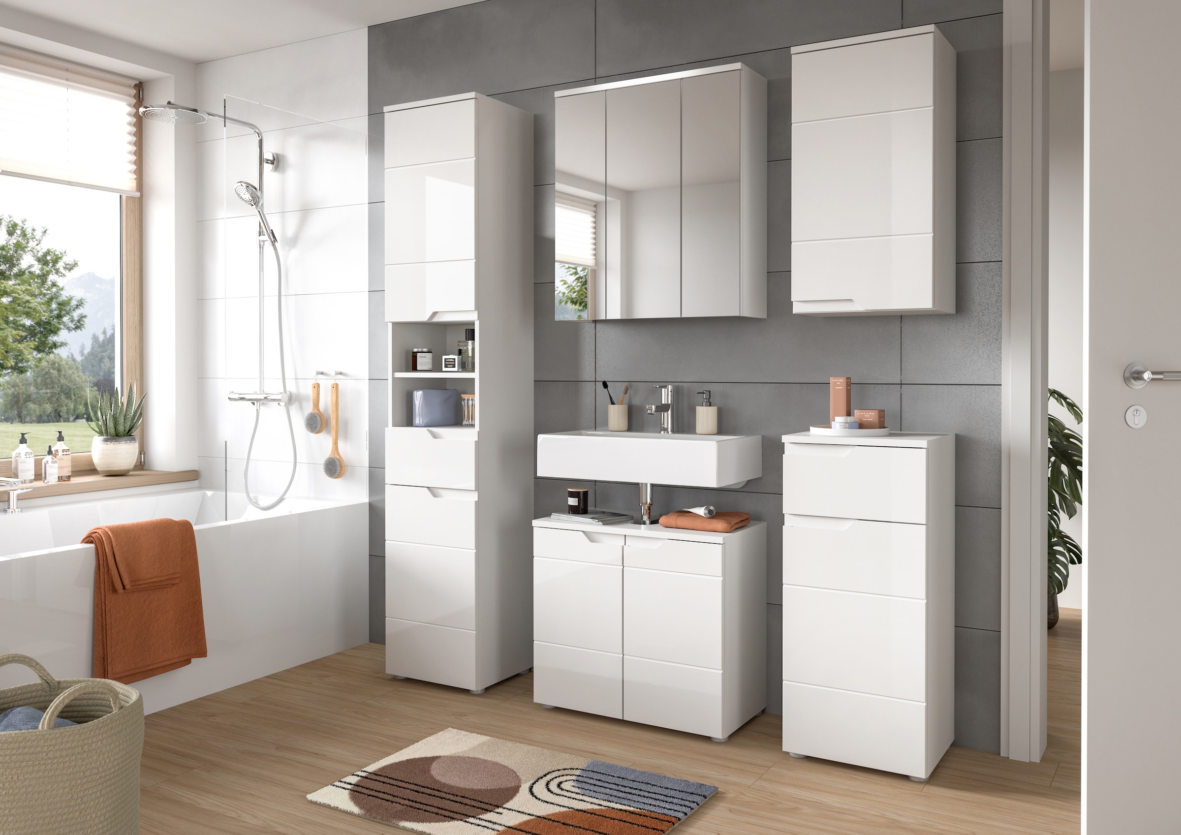 INOSIGN Badmöbel-Set »CAPRI, 4-teilig, mit eingefasster Griffmulde, bestehend aus:«, Waschbeckenunterschrank, Spiegelschrank, Unterschrank und Hängeschrank