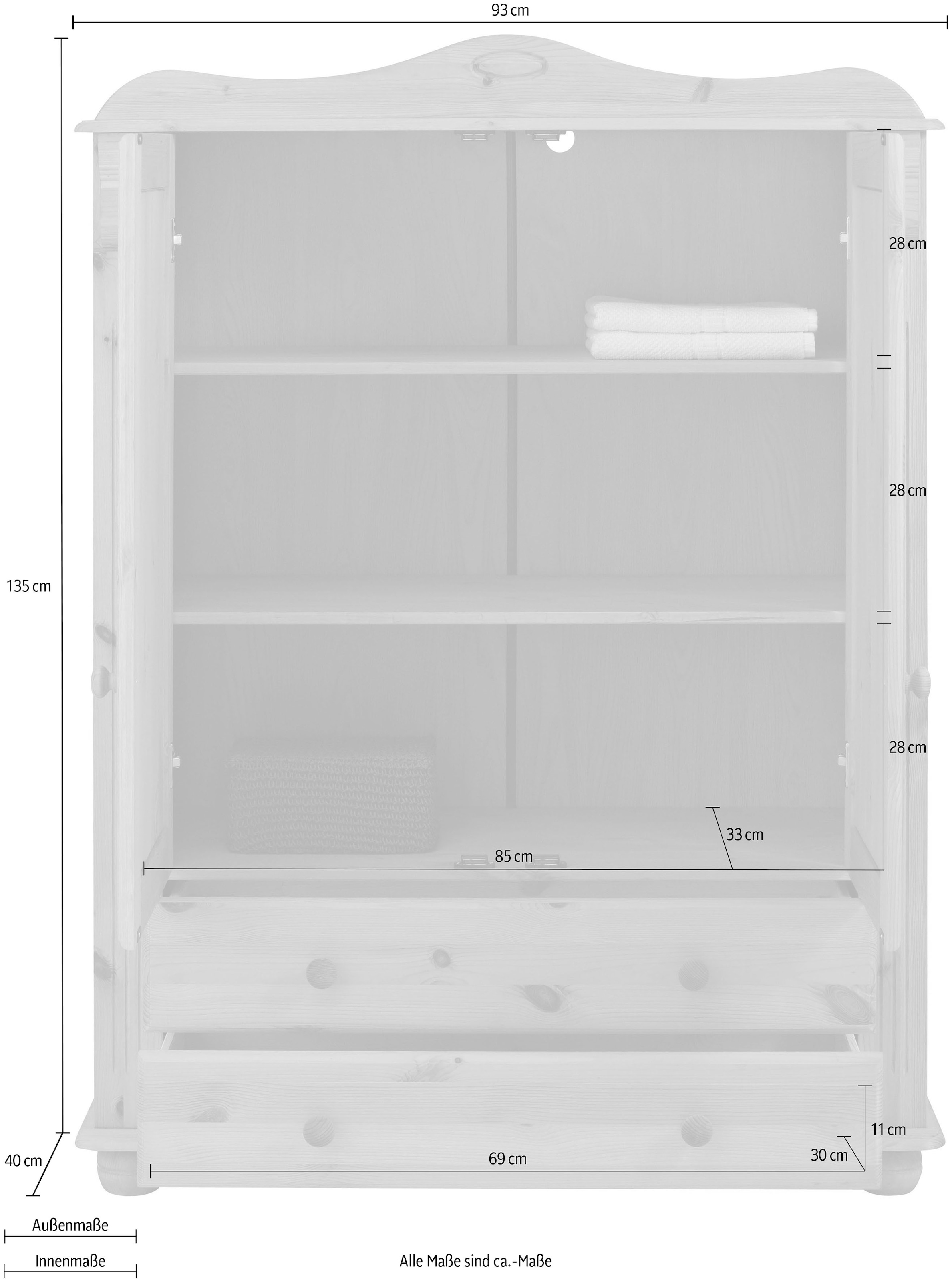 Home affaire Wäscheschrank »Adele, Mehrzweckschrank«, (2 Breiten: 93/130 cm H/T ca. 135/40 cm), aus massiver Kiefer, 2-oder 3-türig