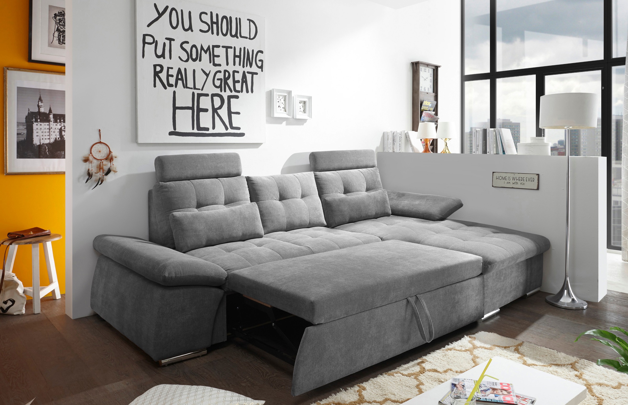 ED EXCITING DESIGN Ecksofa »Nalo L-Form« mit Bettfunktion, Armteilverstellung, Kopfstützen & 2 Nierenkissen
