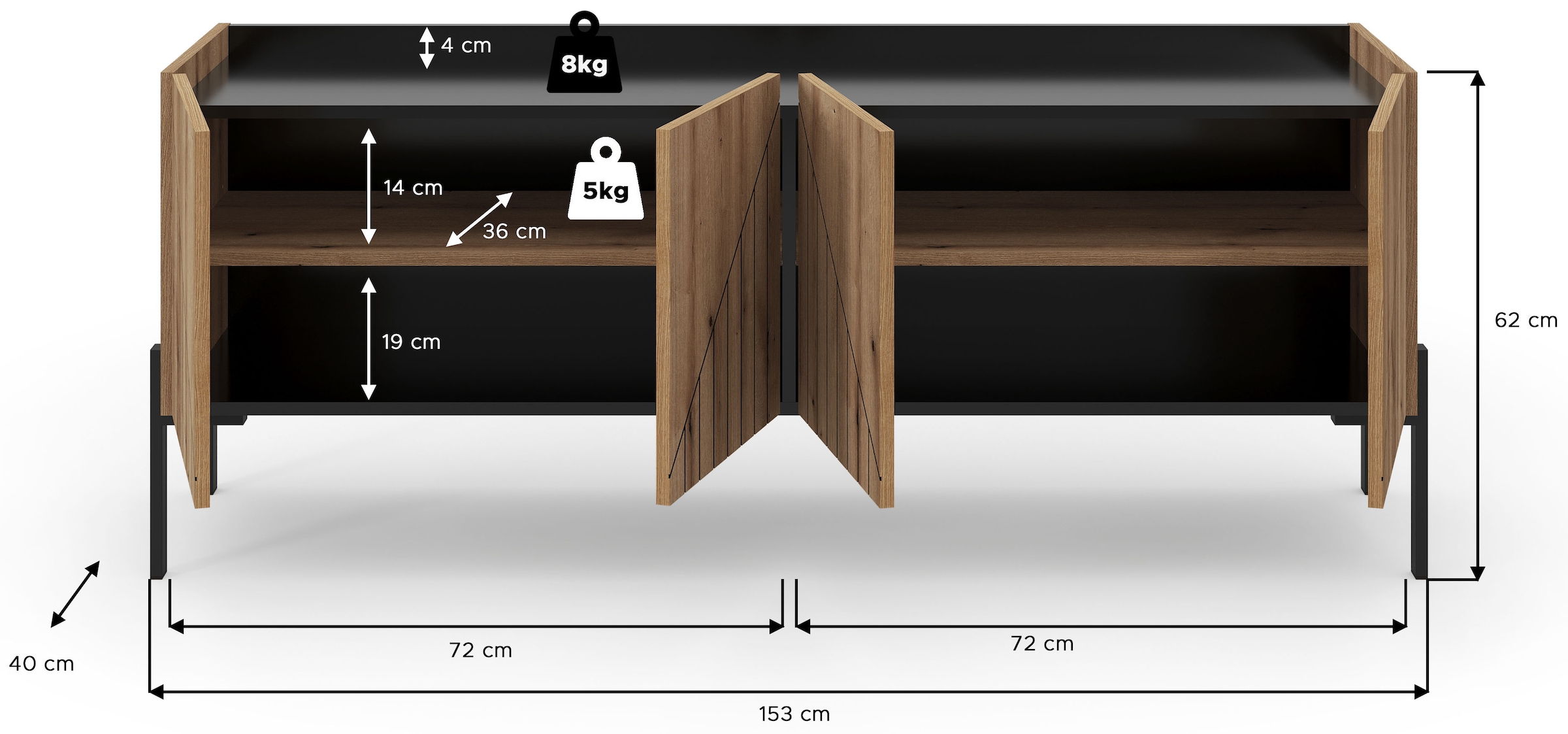 INOSIGN Lowboard »SNETT, Breite: 155cm, mit Metall-Stabfüßen, 4 Türen, 2 Einlegeböden« TV-Lowboard, Mediaschrank, Mediaboard, TV-Schrank, Schrank, Board