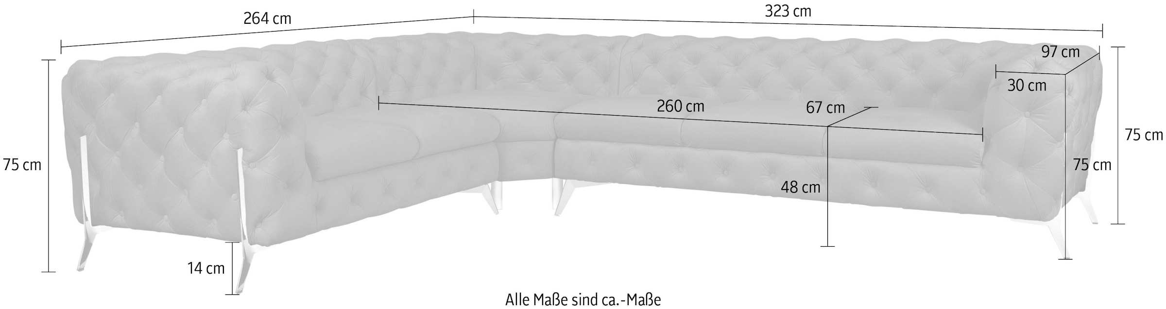 Leonique Chesterfield-Sofa »Amaury L-Form«, großes Ecksofa, Chesterfield-Optik, Breite 323 cm, Fußfarbe wählbar