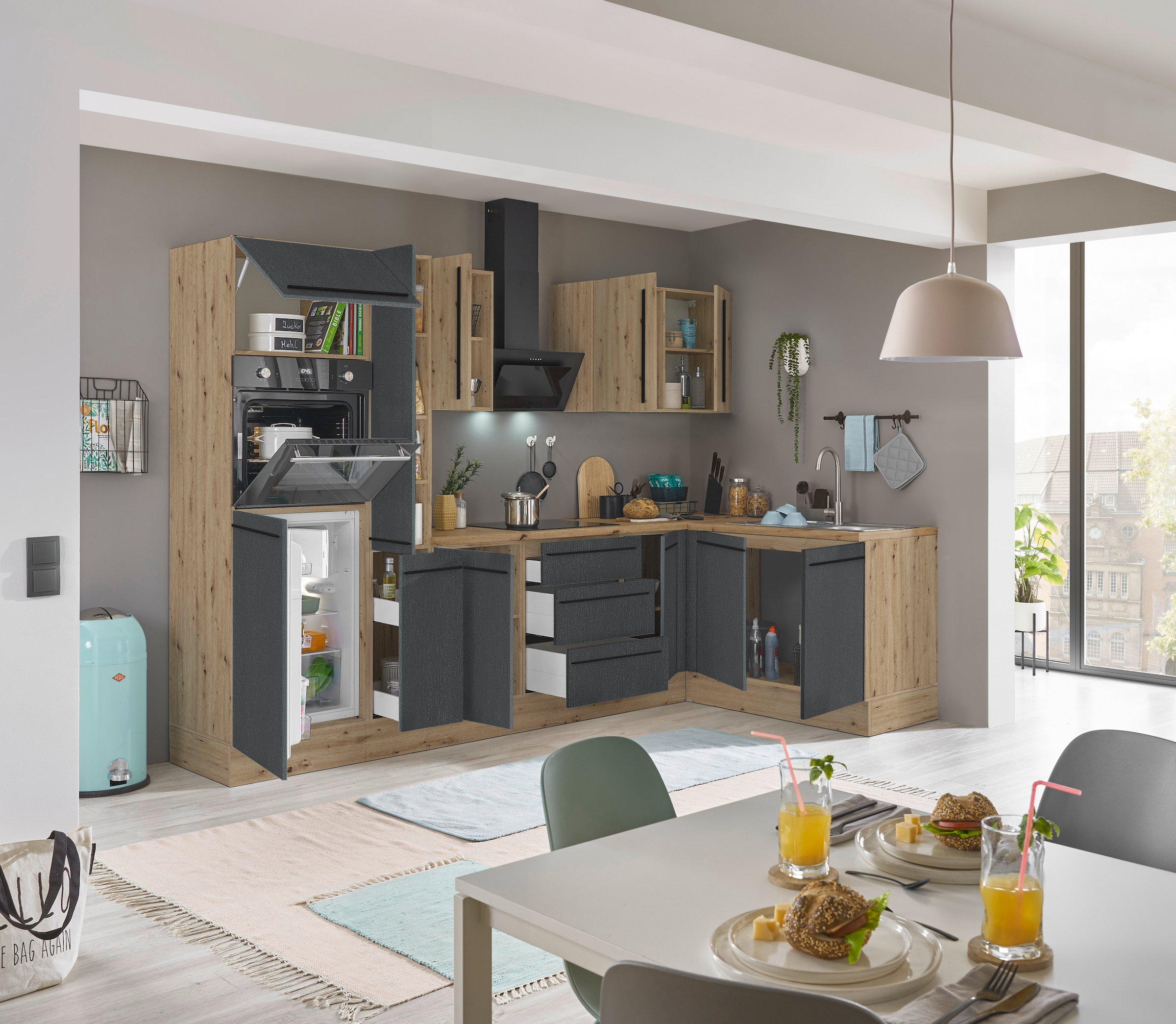 KOCHSTATION Winkelküche »Florida, Stellbreite 300x165 cm« wahlweise mit E-Geräten, mit Softclose für Türen und Schubkästen