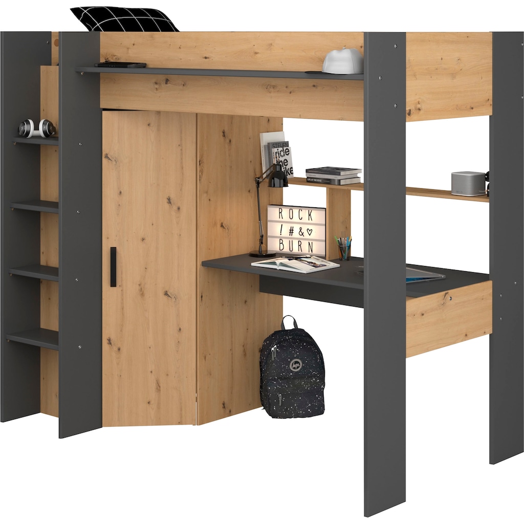 Parisot Hochbett »Heavy«, ALL-IN-ONE, mit Kleiderschrank, Schreibtisch, Leiter, Stauraum