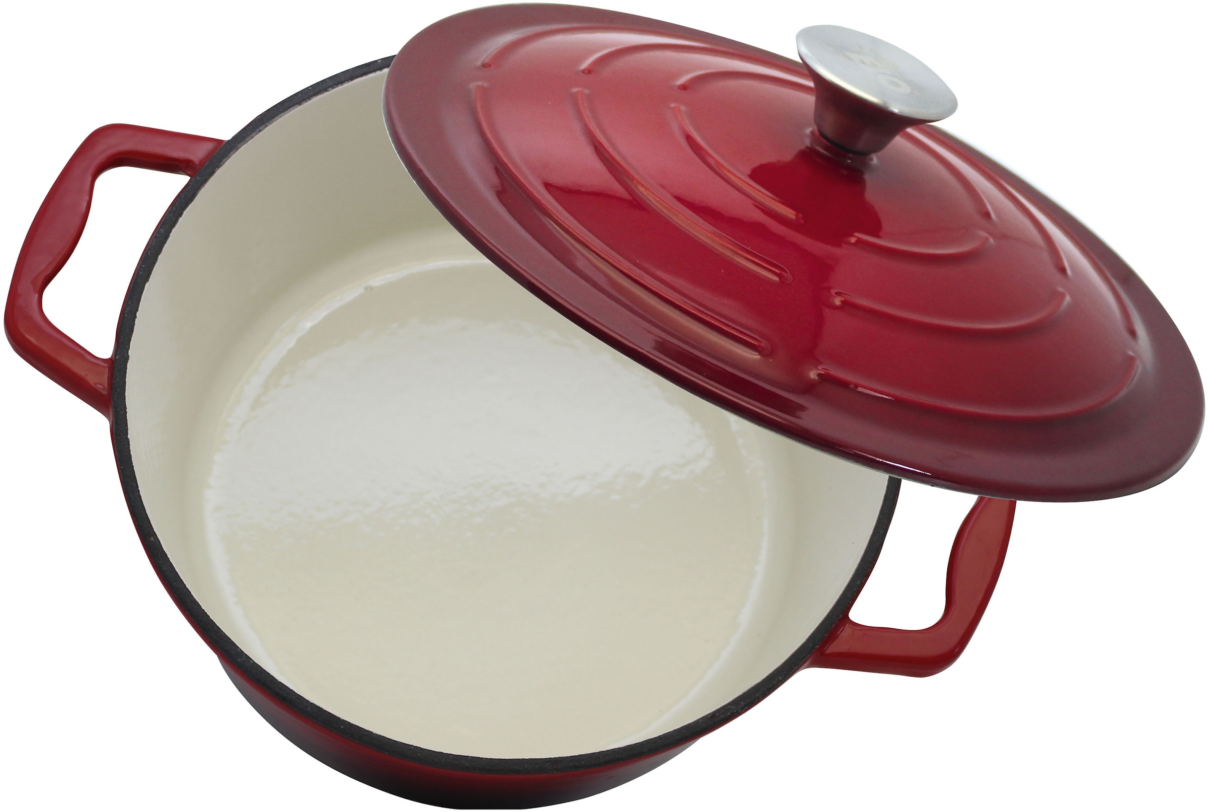 Elo Servierpfanne »Kirschrot Gusseisen Pfanne 28 cm« Gusseisen Bräter inkl. Deckel, 2 Stk. tlg. Deckel mit Rillen für zarte Gerichte