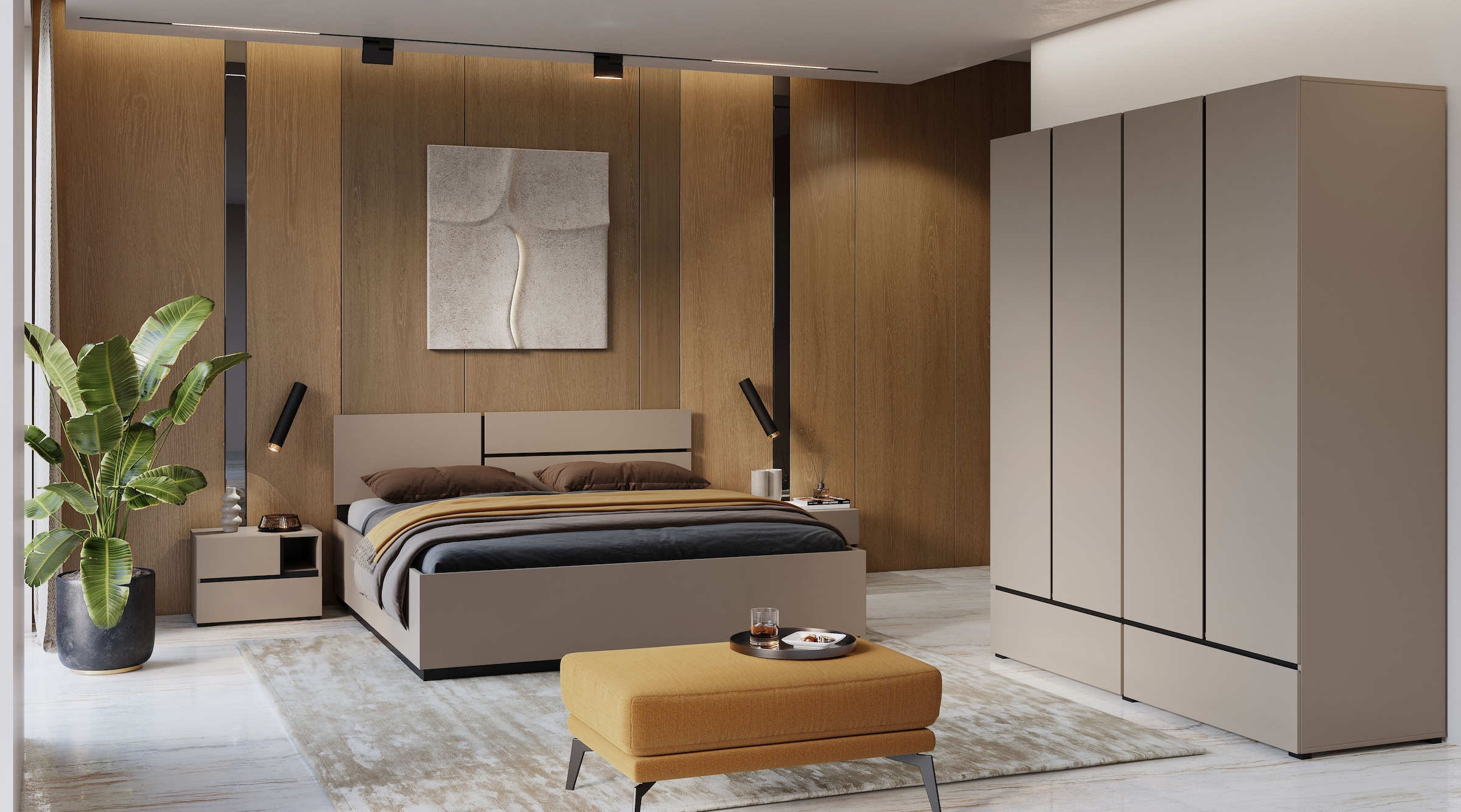 Home affaire Schlafzimmer-Set »Cross, moderne, grifflose Optik, FSC-zertifiziert«, (4 tlg., Bett 180x200cm, 2 Nachtkommoden, Schrank 2-oder 4-türig), Komplettschlafzimmer-Set