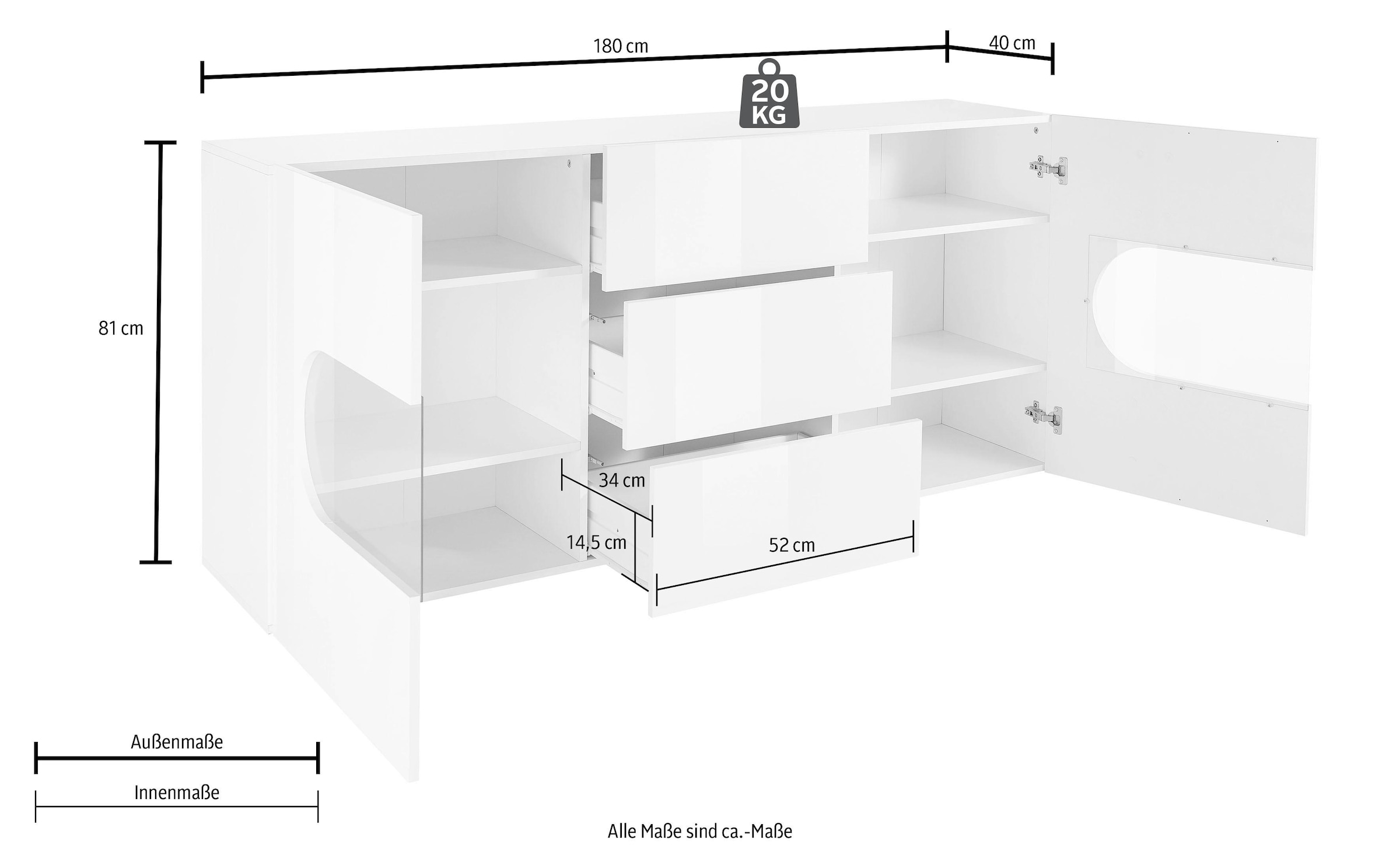 INOSIGN Sideboard »Real,Vitrine,Kommode,Schrank, komplett hochglanz lackiert«, mit 2 Glastüren und 3 Schubladen ohne Griff, Breite 180