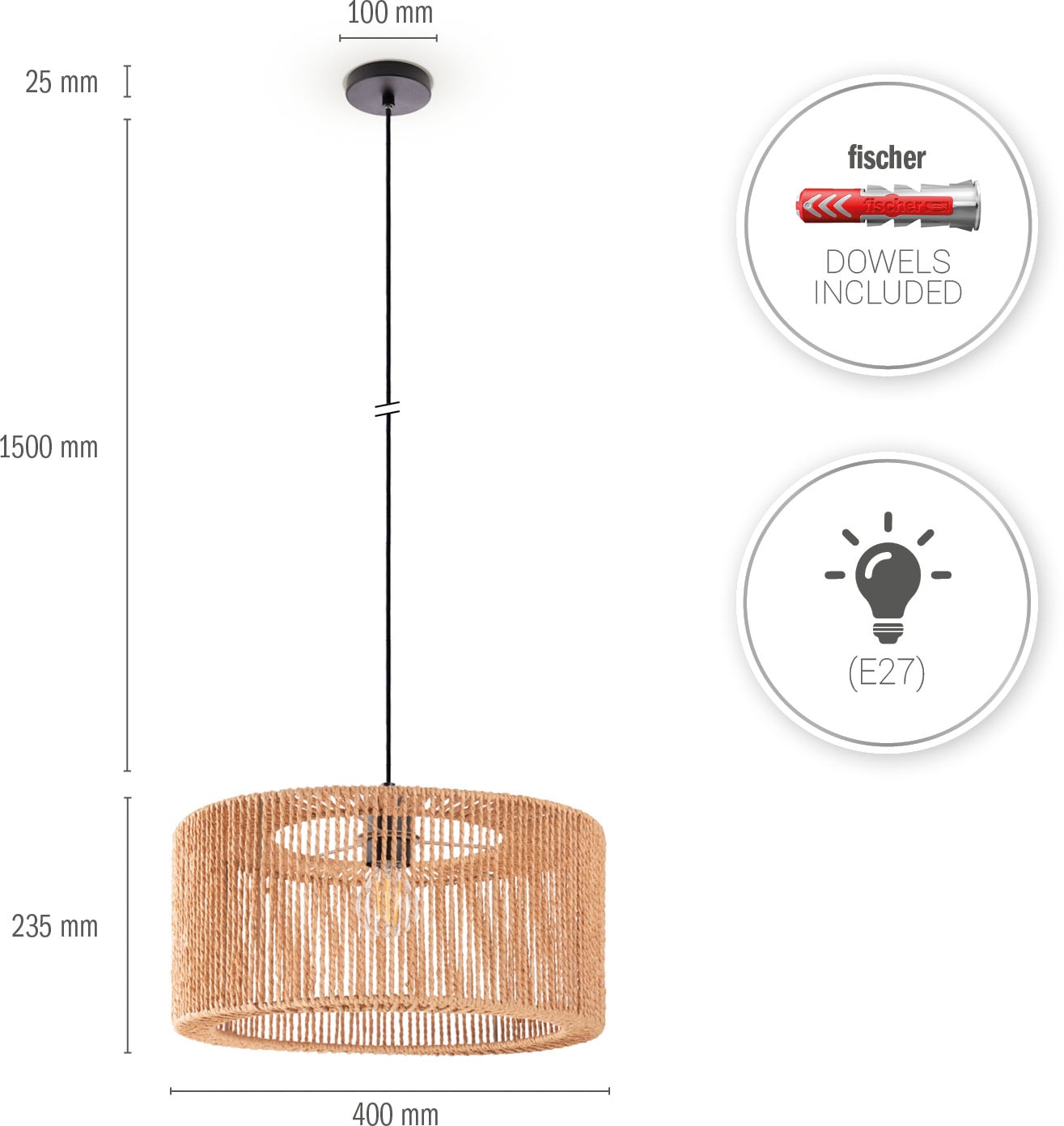 Paco Home Pendelleuchte »Hugo Reyna«, Leuchtmittel E27 | ohne Leuchtmittel, Wohnzimmer Rattan Optik Esszimmer Boho Lampenschirm Papier Groß