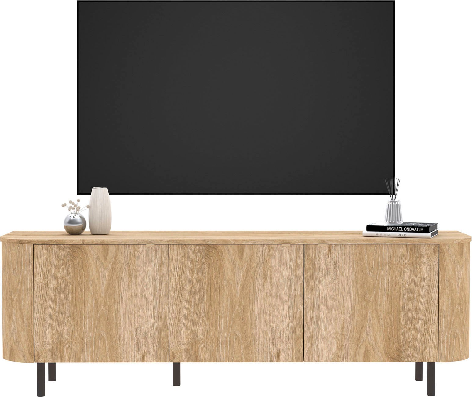 Home affaire Lowboard »Murano, 181 cm breit, 3 Türen, TV-Schrank, TV-Kommode, Medienboard« Formgebogenes MDF, Stirnseiten mit Rundung, Füße und Griffe aus Metall