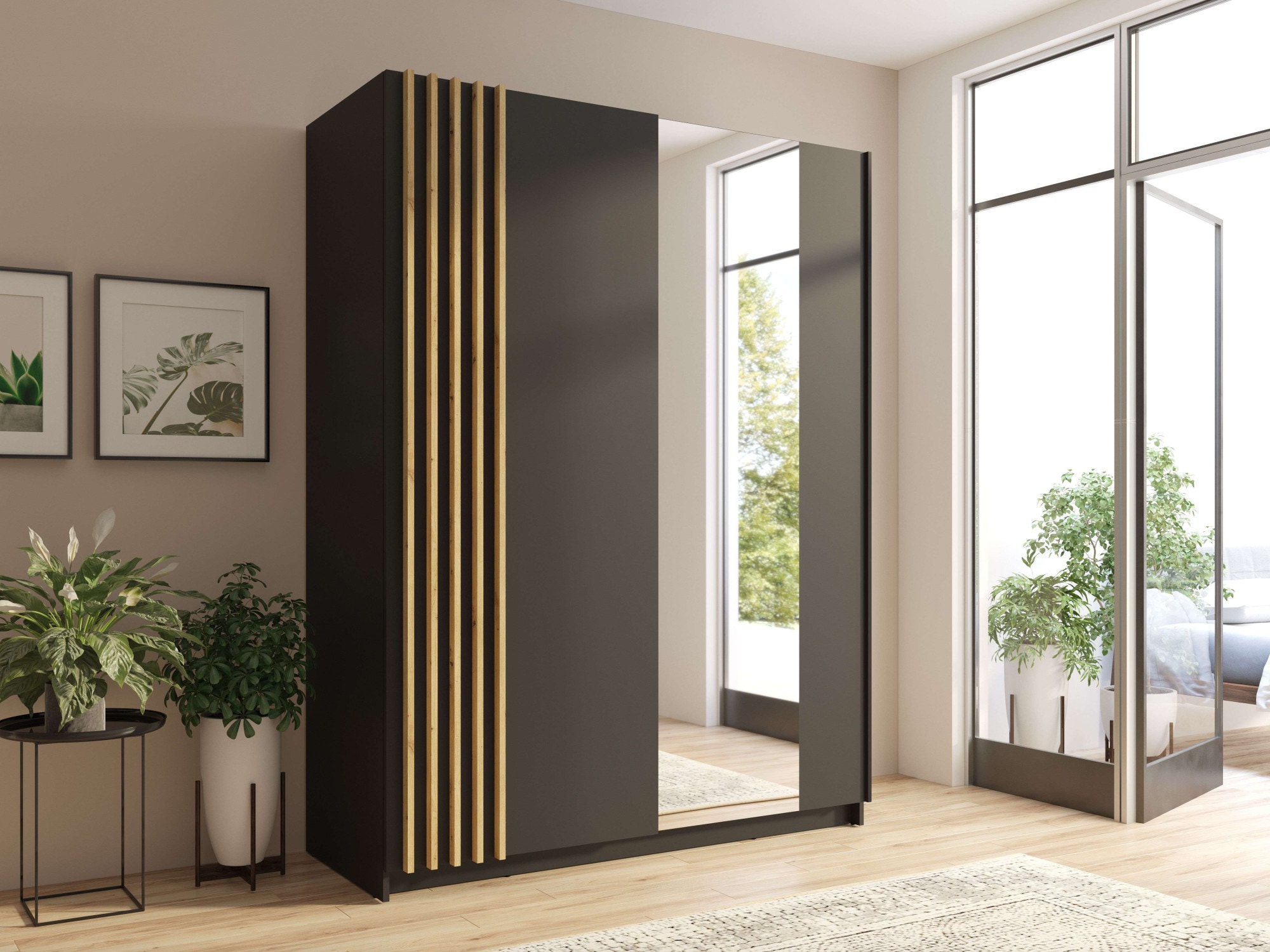 INOSIGN Kleiderschrank »Kleiderschrank Charisy mit 4 Einlegeböden und Kleiderstange«, Garderobe mit 2 Schwebetüren und Lamellen, B/H/T 200/198,5/62 cm