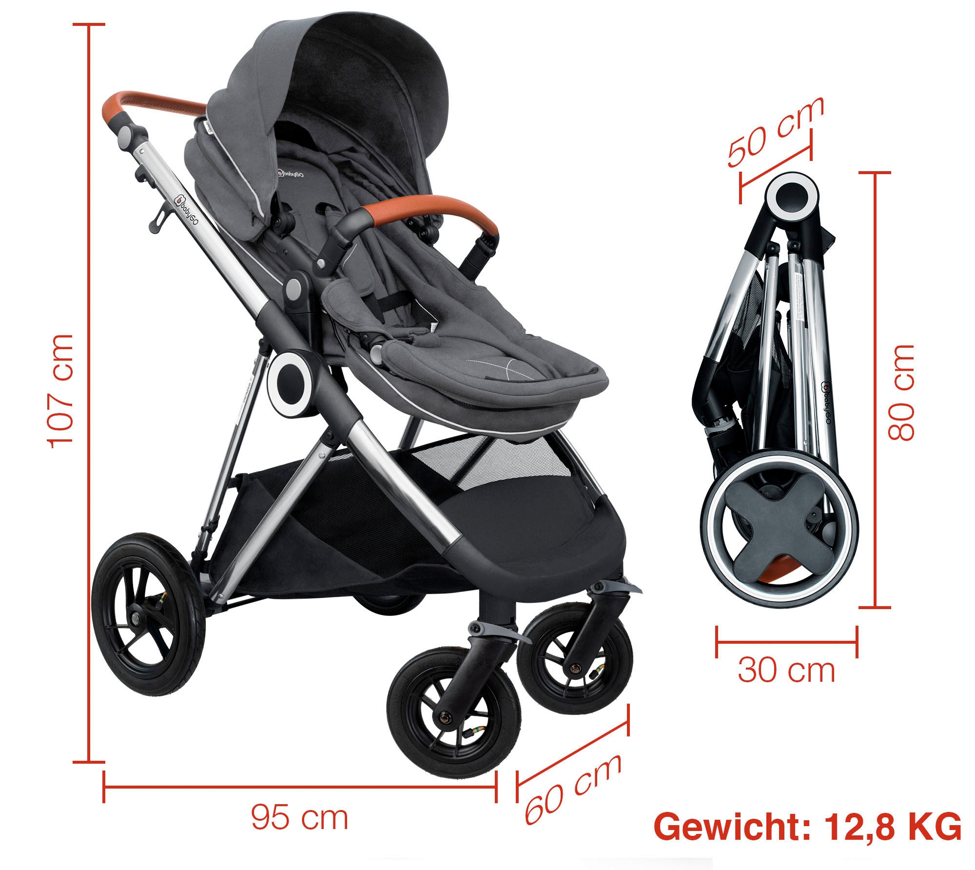 BabyGo Kombi-Kinderwagen »Halime AIR 3in1, Anthracite Black«, mit Luftreifen, inkl. Babywanne, Babyschale, Regenhaube & Wickeltasche