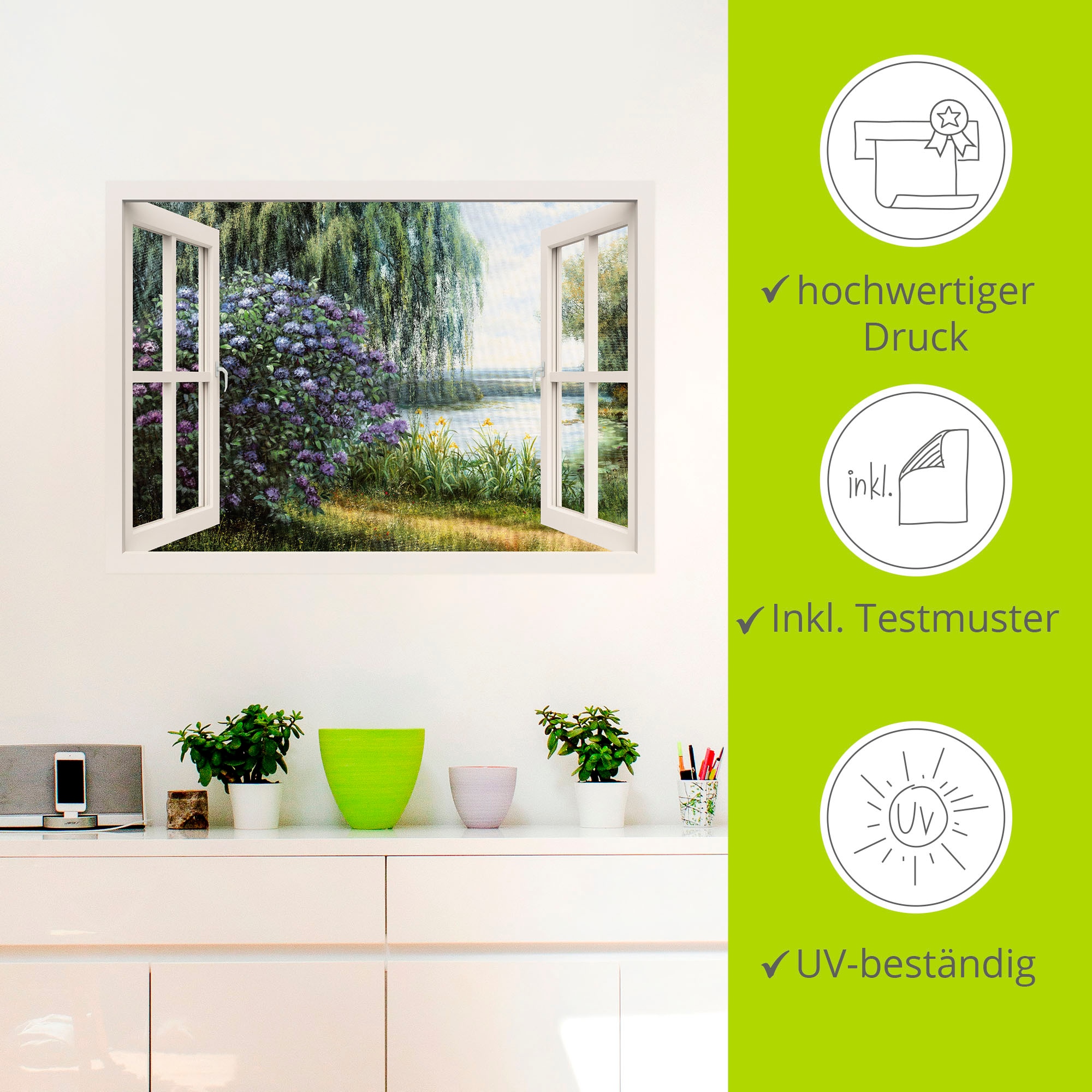 Artland Wandbild »Hortensien am See«, Fensterblick, (1 St.), als Leinwandbild, Poster, Wandaufkleber in verschied. Größen