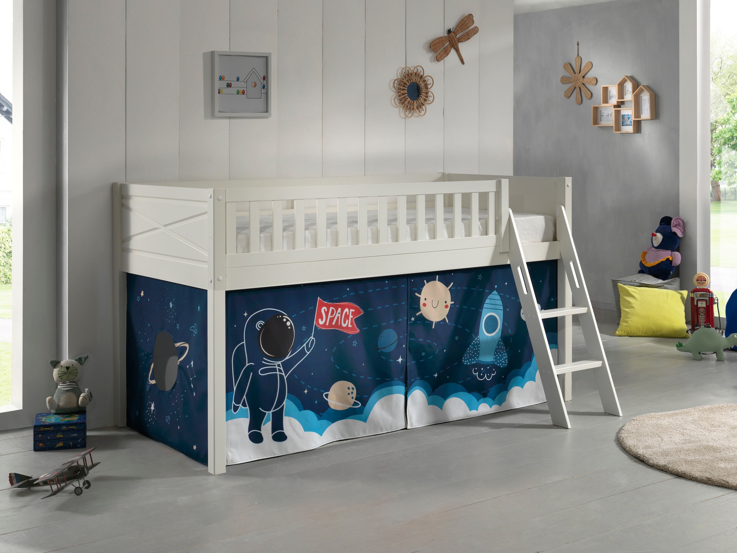 Vipack Hochbett »Scott«, (Made in Europe), mit schräger Leiter, LF 90x200 cm, Vorhang, Tunnel, 7 Designs