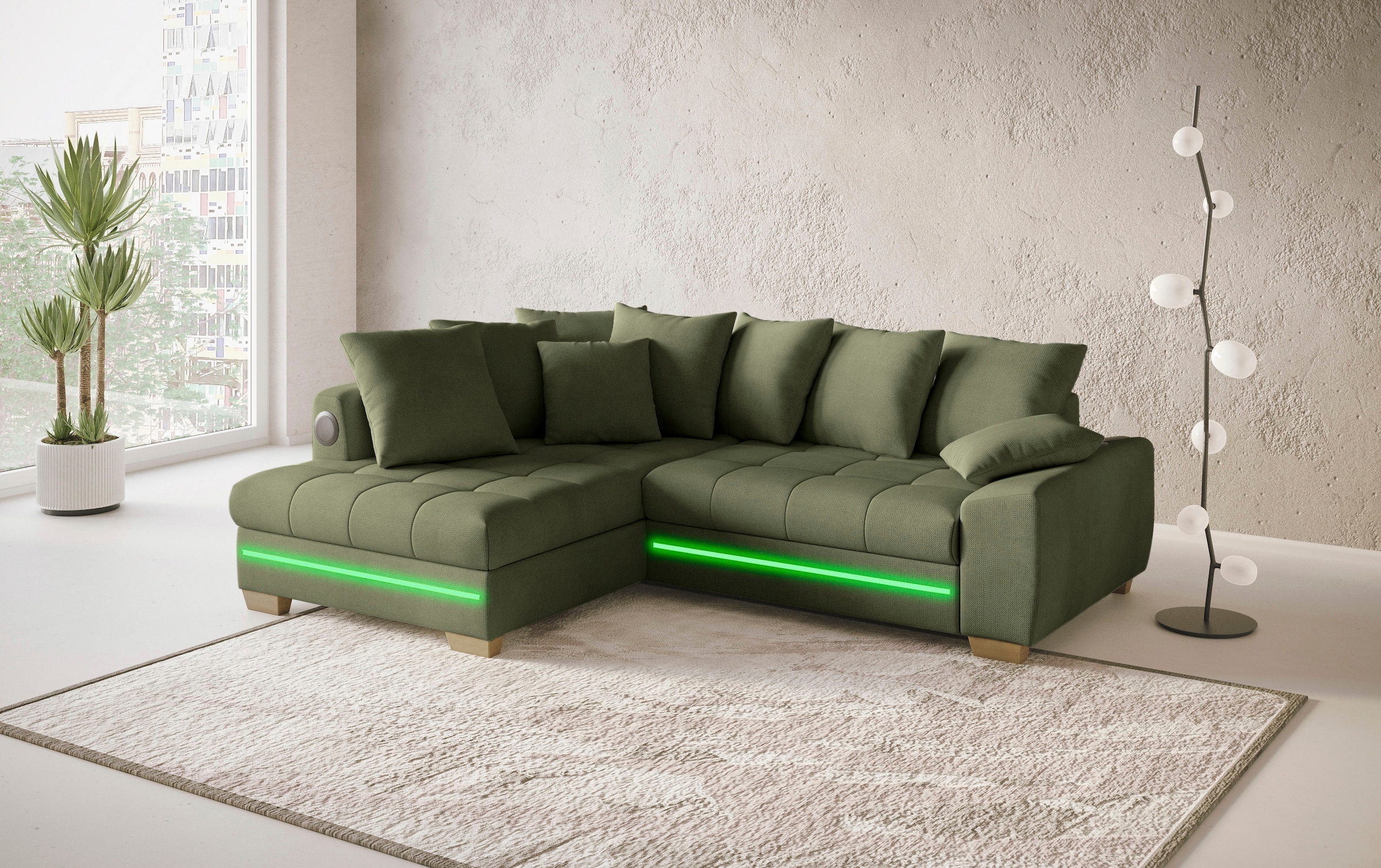 Mr. Couch Ecksofa »Nikita II, L-Form«, RGB-LED, Bluetooth-Soundsystem, wahlweise mit Bett, Bettkasten