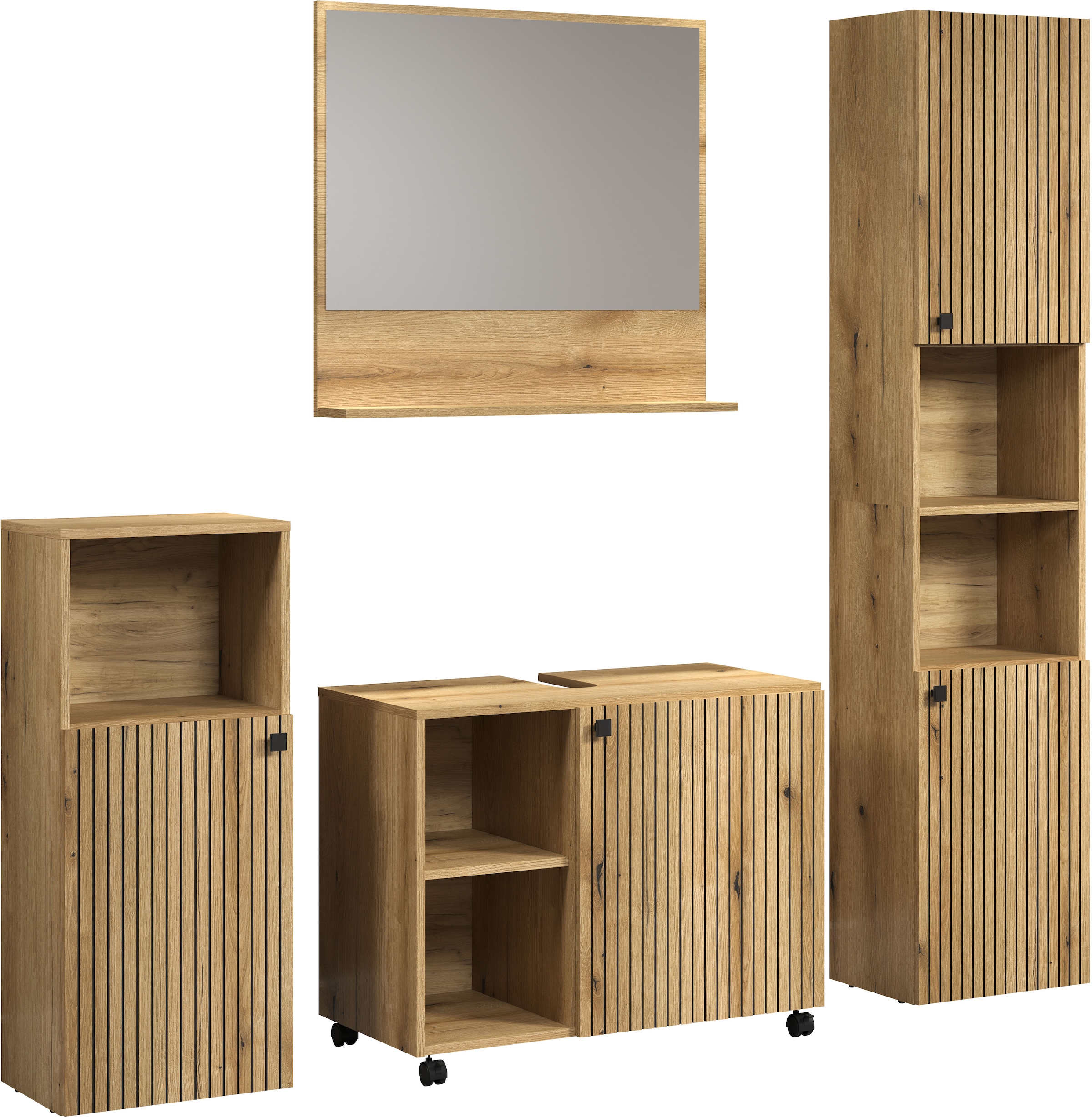 welltime Badmöbel-Set »Amrum Waschbeckenunterschrank Spiegel Hochschrank Badschrank«, (Komplett-Set, 4 St.), 4-teiliges Badmöbel-Set Eiche Rillenoptik - Maße (B/T/H) 180/42/186 cm