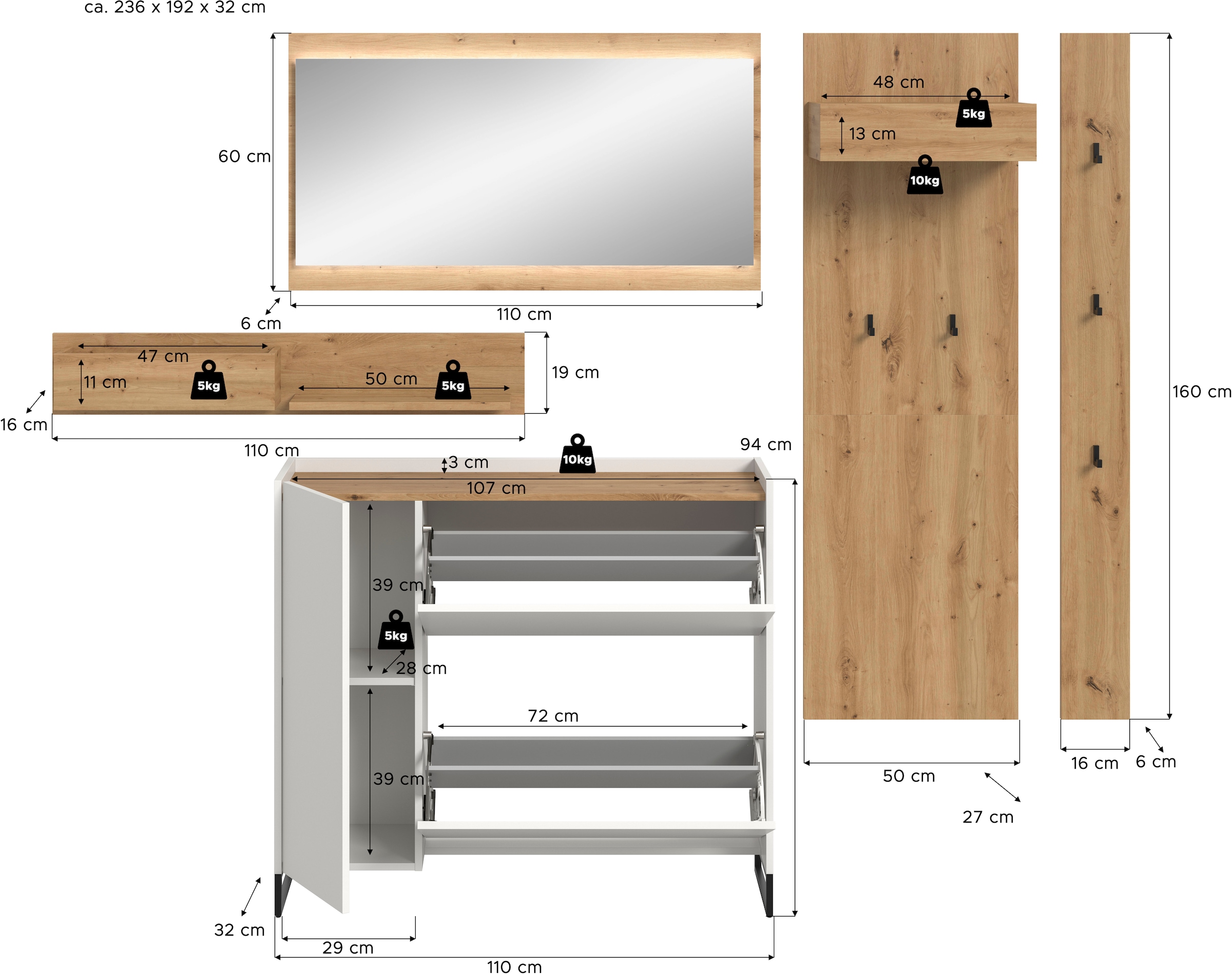 Home affaire Garderoben-Set »EVRID, 5-teilig, Breite 236 cm, inkl. Beleuchtung« best. aus: Wandboard, Kommode, Spiegel, Garderobenpaneel, Hakenleiste, 5 Stk. tlg.