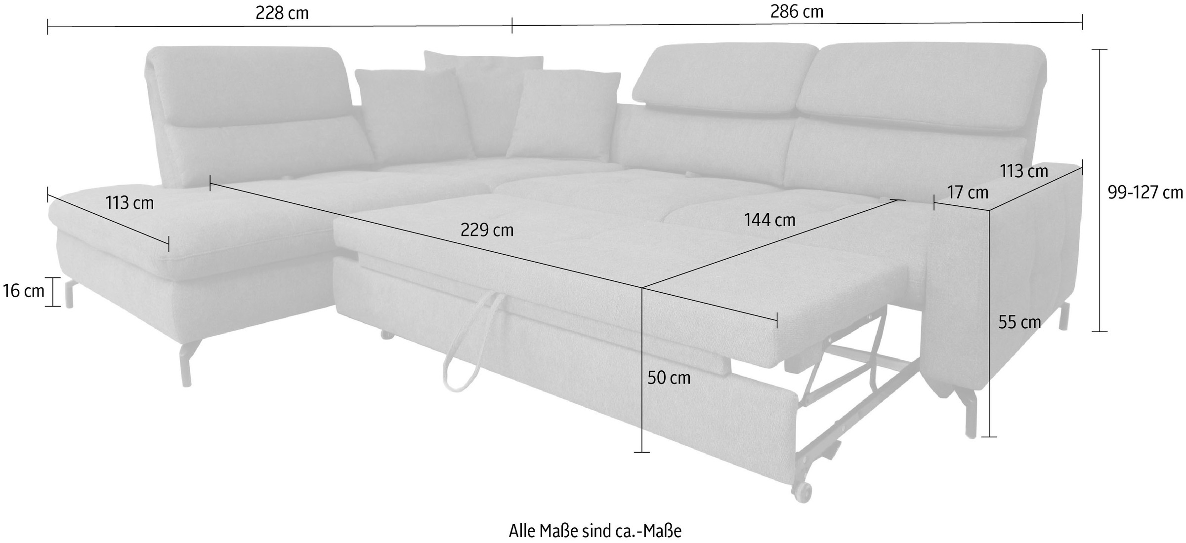 alina Ecksofa »Louis«, Breite 286 cm, Rückenlehnenverstellung, wahlweise mit Bettfunktion