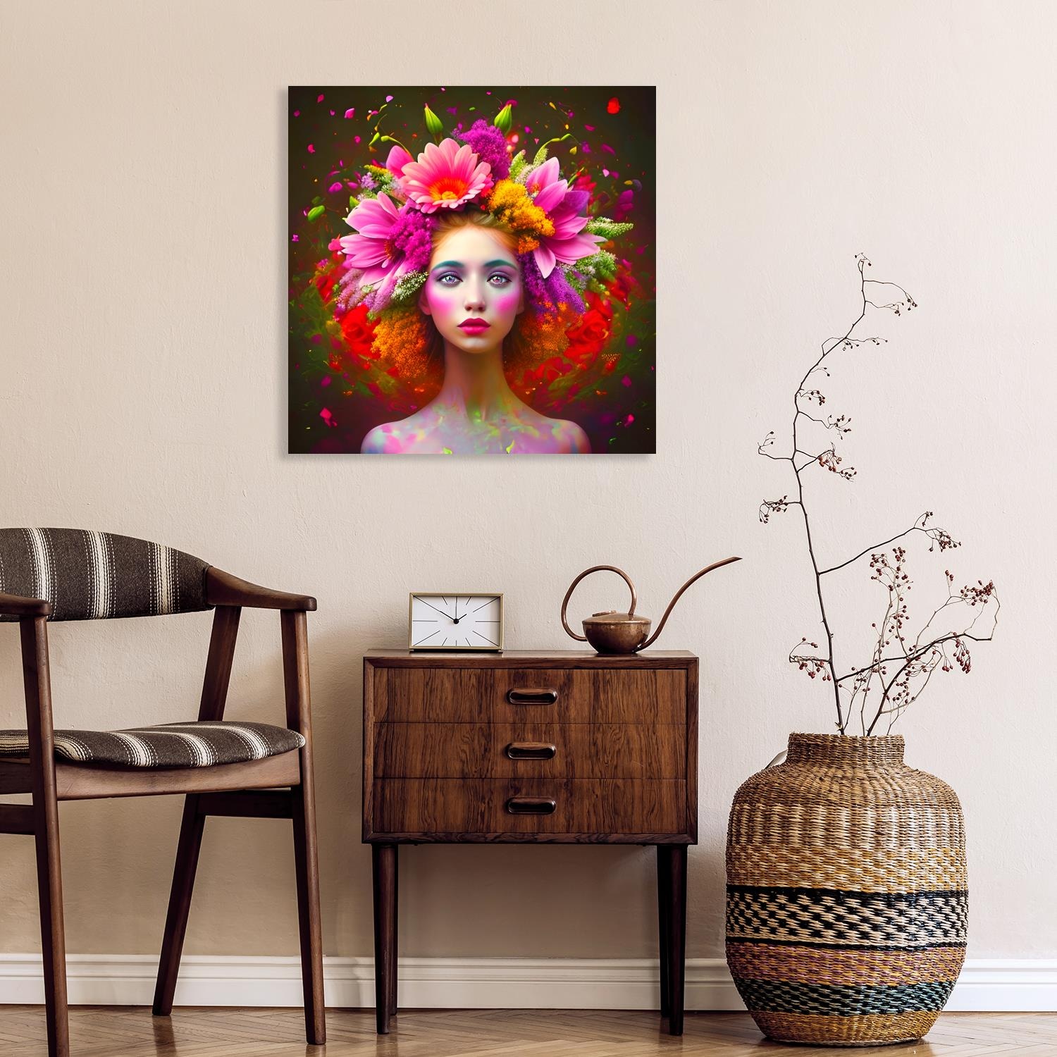 queence Acrylglasbild »Blumenfrau«, Fantasy-Frau-Blumen-Blumenbilder, (1 St.), Kunst, knallige Farben, bunt