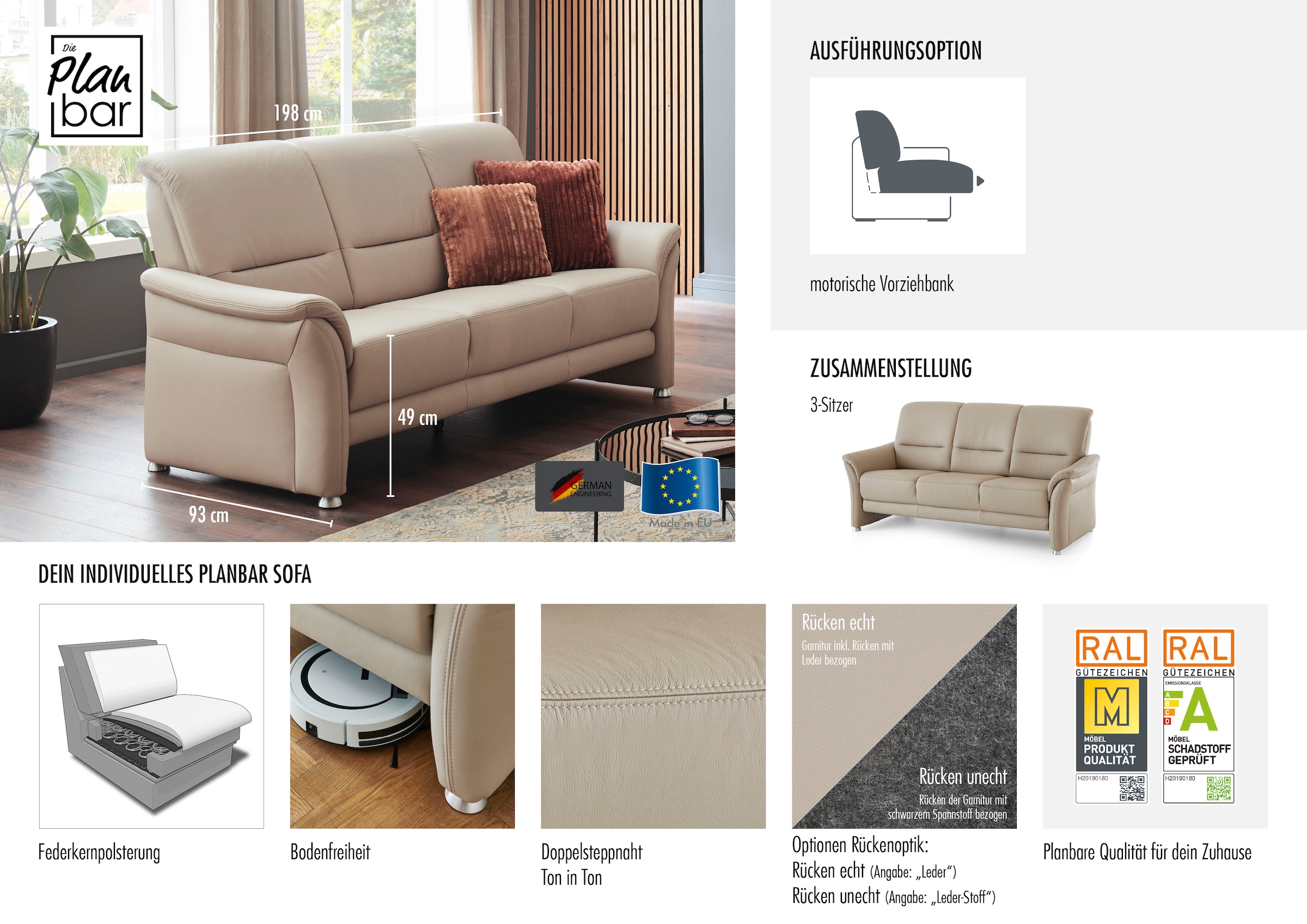 Die PlanBar 3-Sitzer »PN-PF23182« Federkernpolsterung, wahlweise mit motorischer Vorziehbank