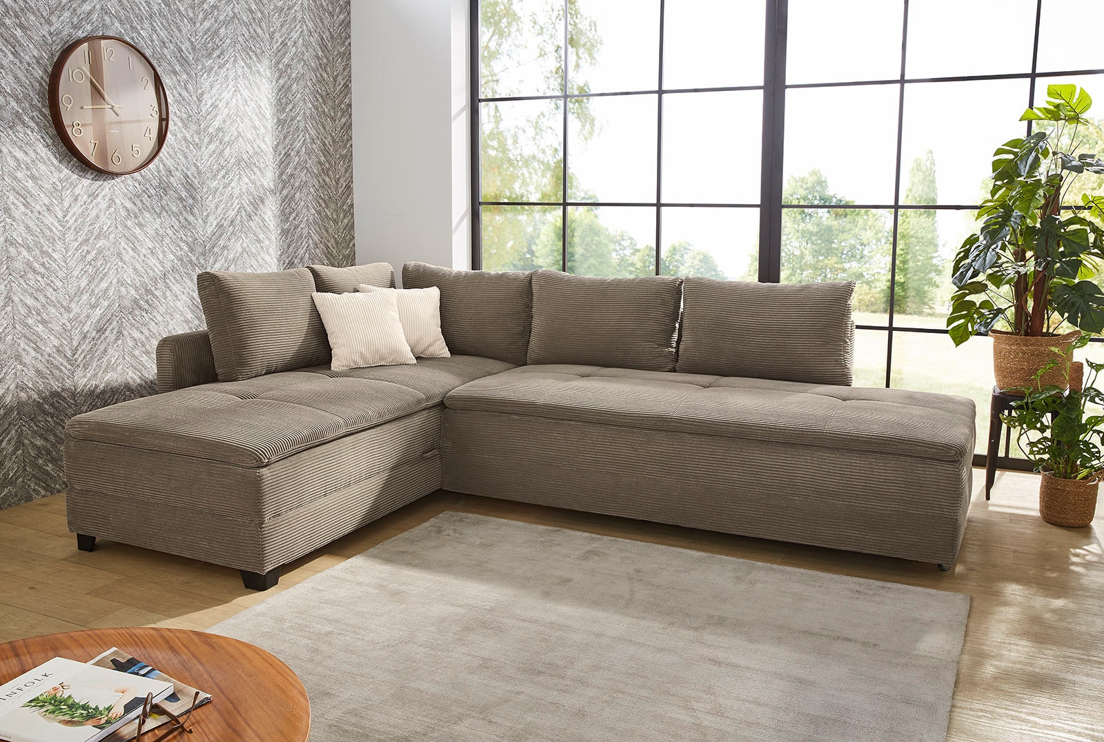 Jockenhöfer Gruppe Ecksofa "Madrid L-Form, B: 306 cm, Liegefl. 180x200 cm, Dauerschläfer" mit Bettfuntkion, Bettkasten, Topper & Regal, Boxspringbettaufbau