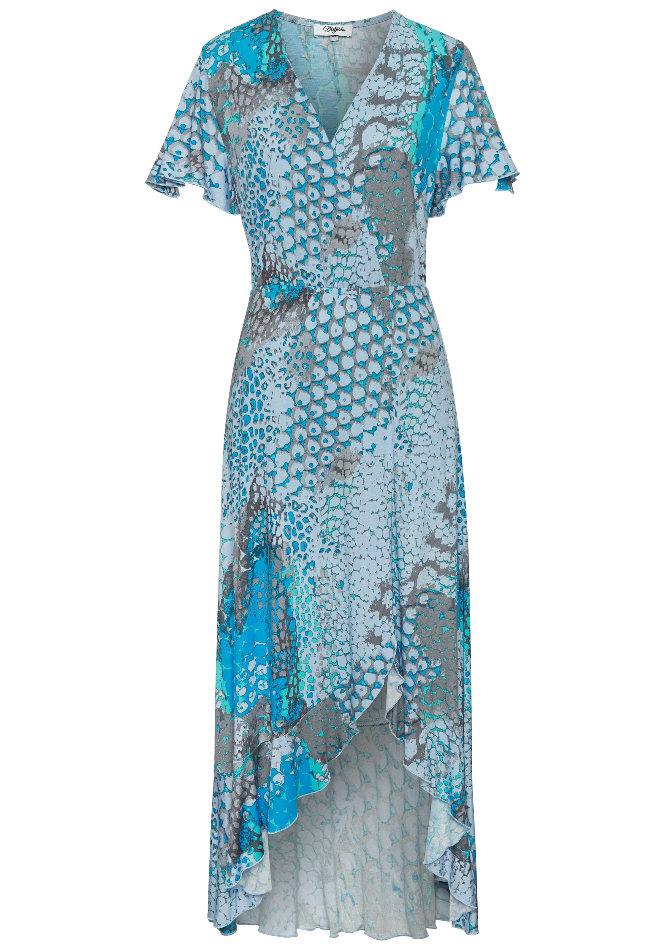 Buffalo Maxikleid, im Vokuhila-Schnitt, Schlitz und Volant, Flügelärmel, Druckkleid
