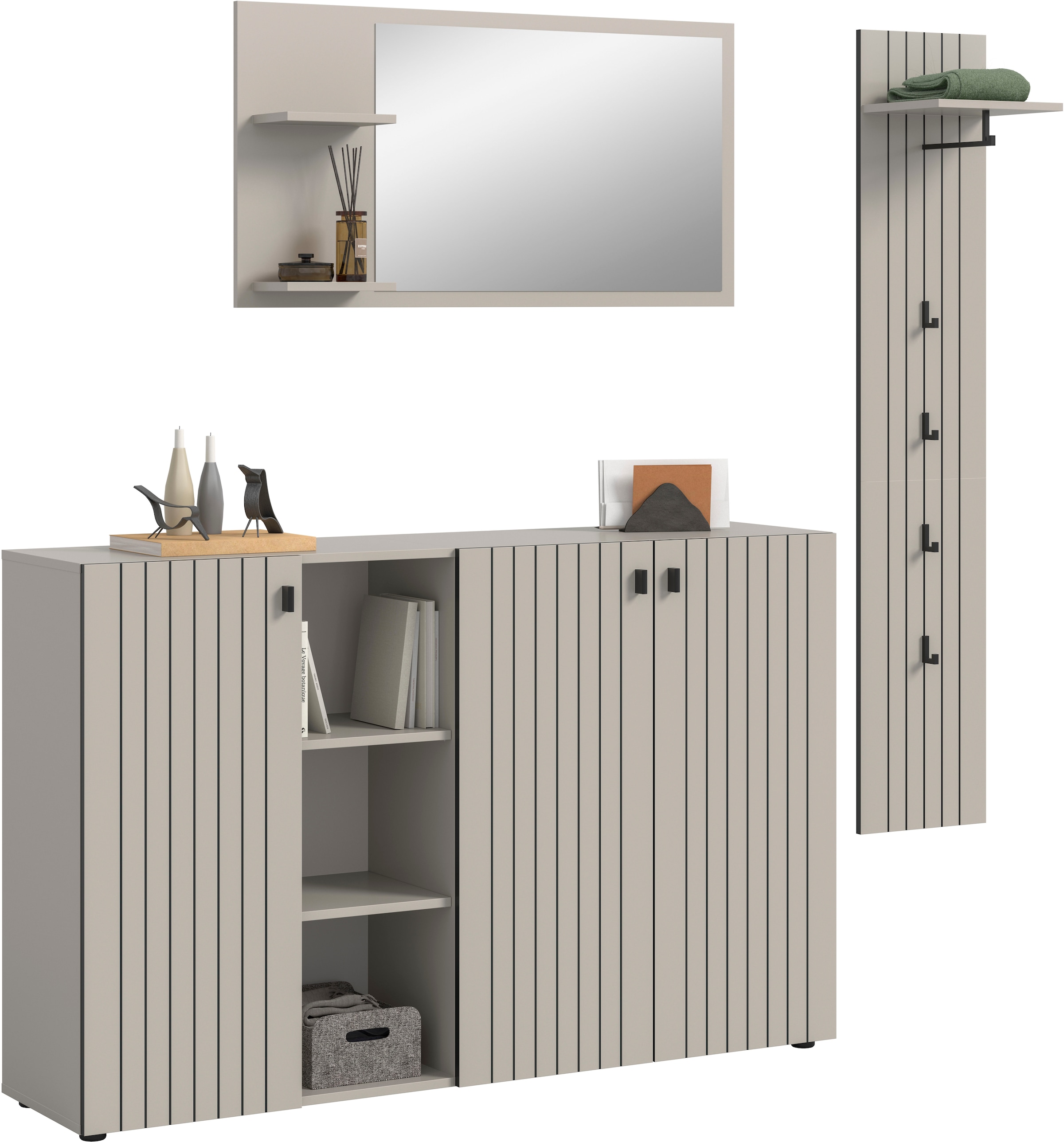 INOSIGN Garderoben-Set »TATIO, 3-tlg. Garderobenkombination, Breite: 201 cm, Rillenfräsung« Set, Set, best. aus: 1 Spiegel, 1 Garderobenpaneel, 1 Schuhkommode, 3 Stk. tlg.