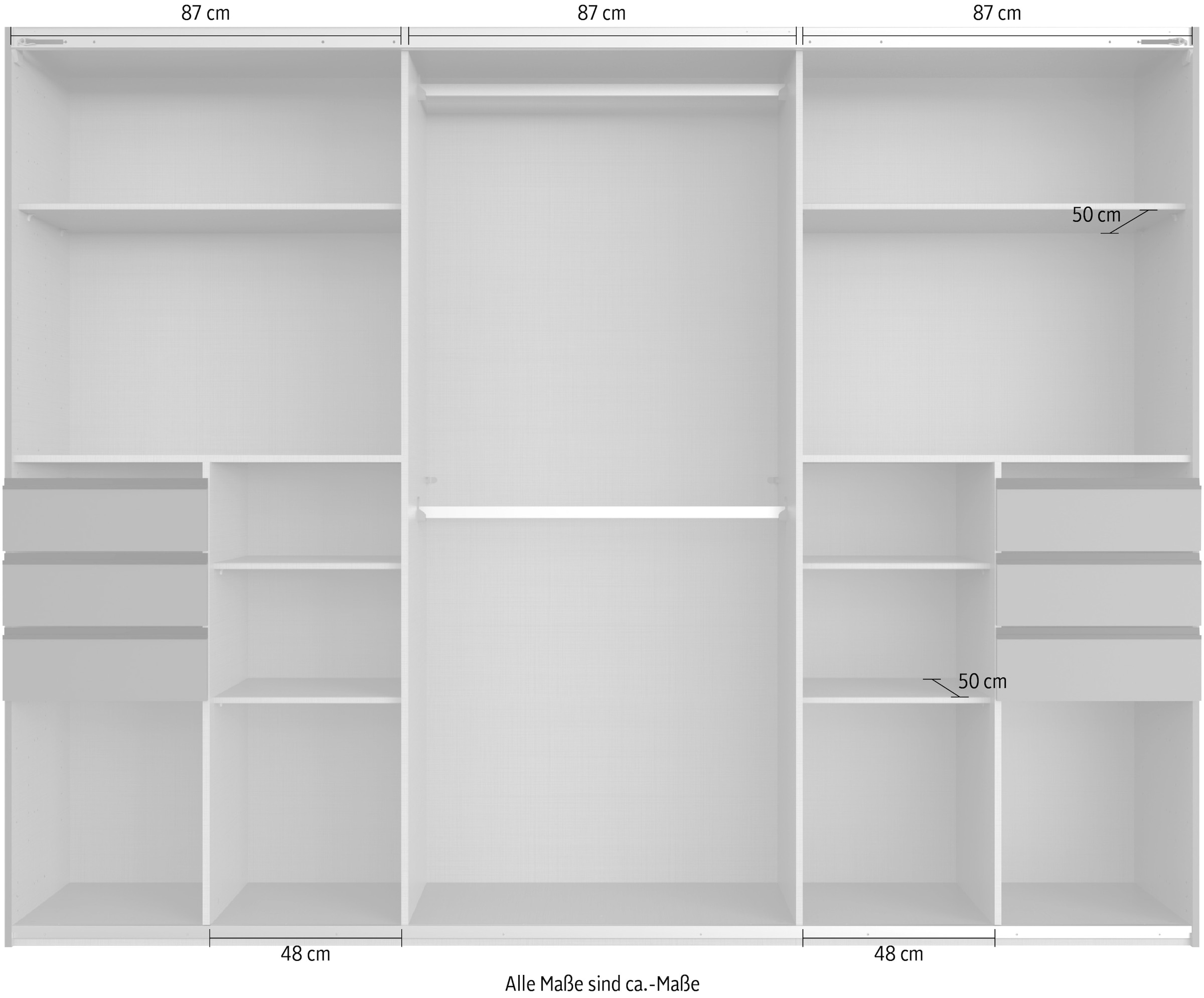 Wimex Schwebetürenschrank »Saigon, mit kompletter Innenausstattung, Made in Germany«, Kleiderschrank 3-türig, 270cm breit, mit 6 praktischen Außenschubladen