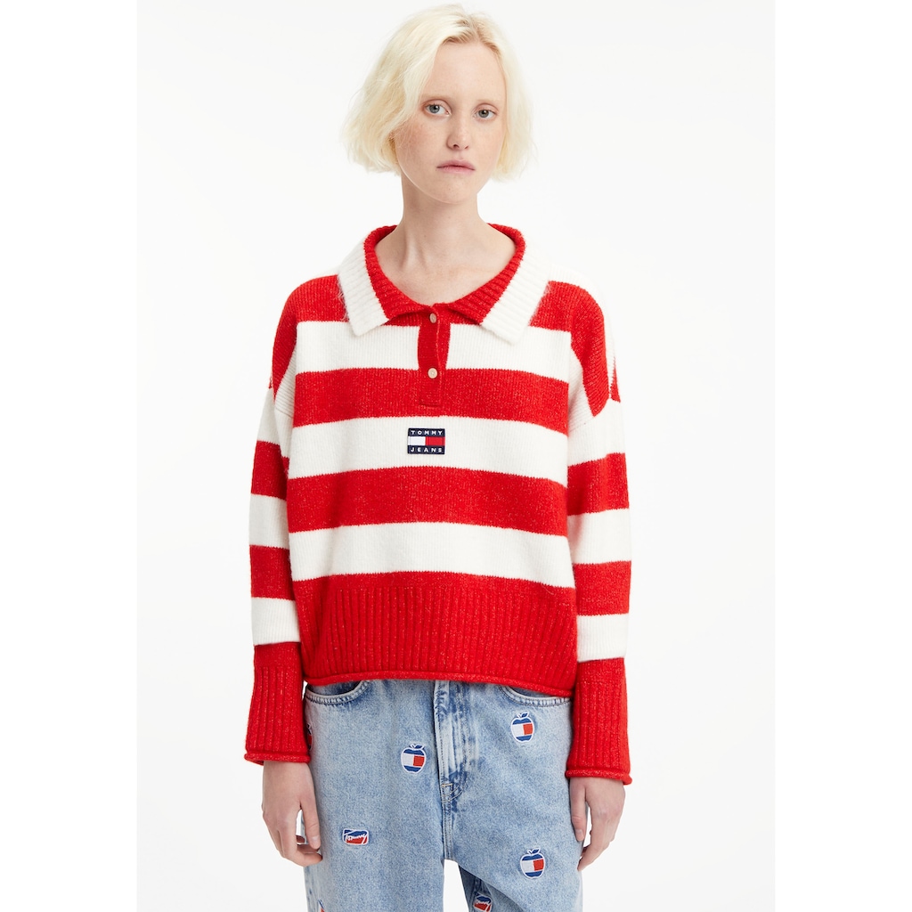 Tommy Jeans Polokragenpullover »TJW STRIPE BADGE POLO SWEATER« im Cropped-Schnitt & mit Tommy Jeans Label-Badge
