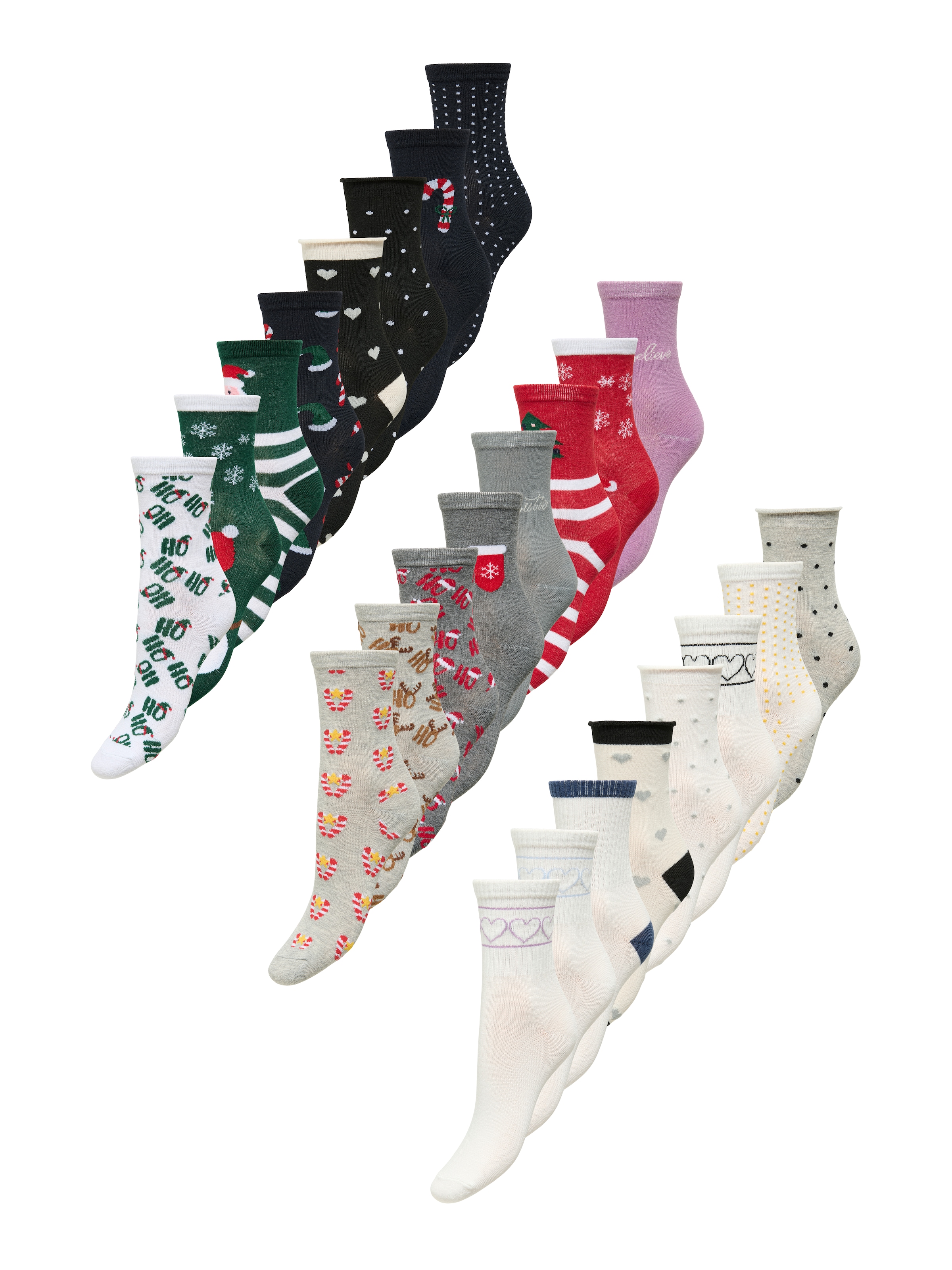 ONLY Freizeitsocken »ONL24 MULTI XMAS SOCK Adventskalender« Packung, 24 Stk. tlg. 24 Paar Socken mit Weihnachtsmotiven, Baumwollmischung