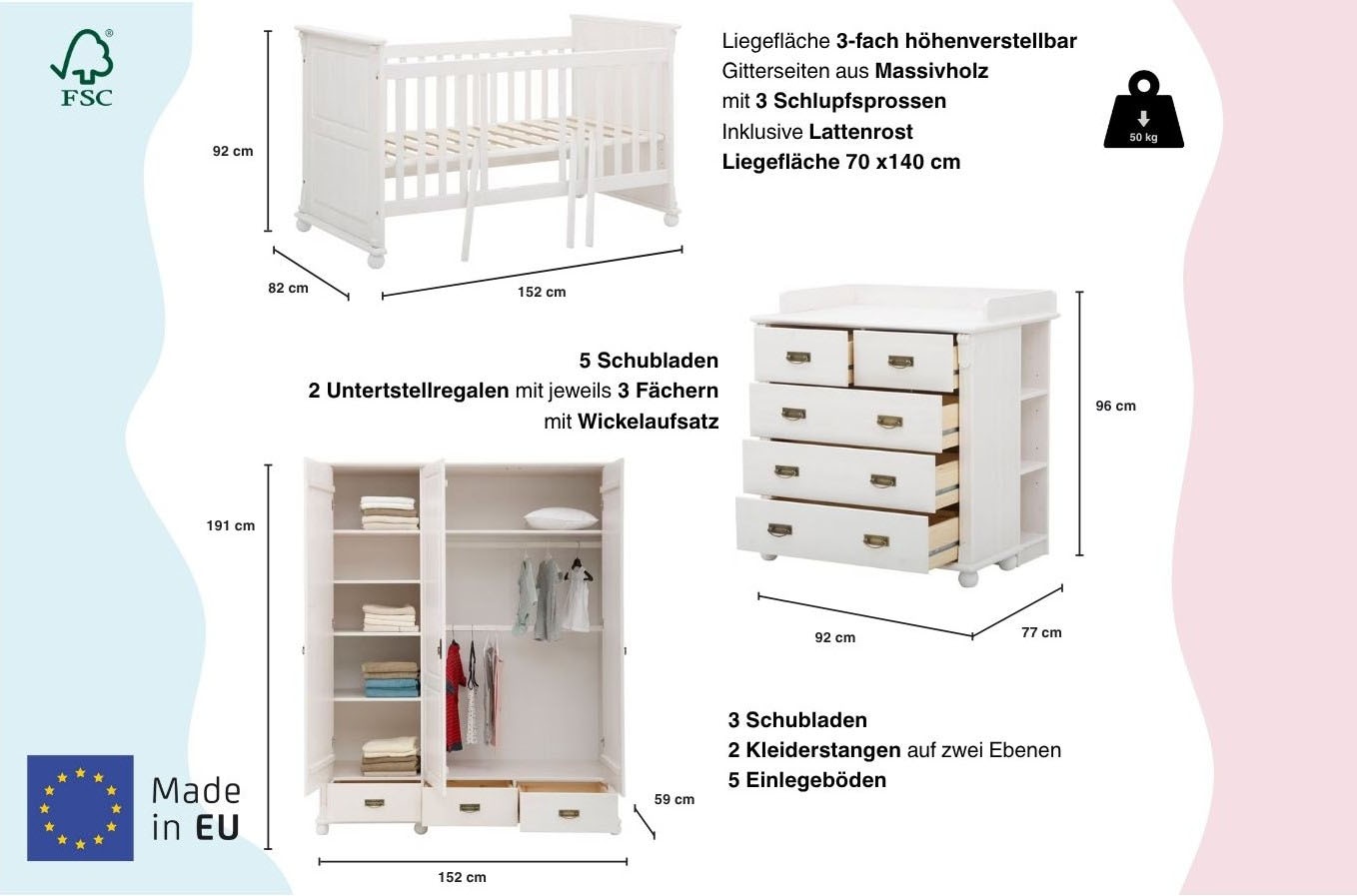 OTTO home Babyzimmer-Komplettset »"Aimo", Landhausstil, stabile Qualität, edles Design, Messinggriffe« Set, Kinderbett, Schrank, Wickelkommode, 3 Stk. tlg. aus Massivholz; FSC®-Holz aus gewissenhaft bewirtschafteten Wäldern