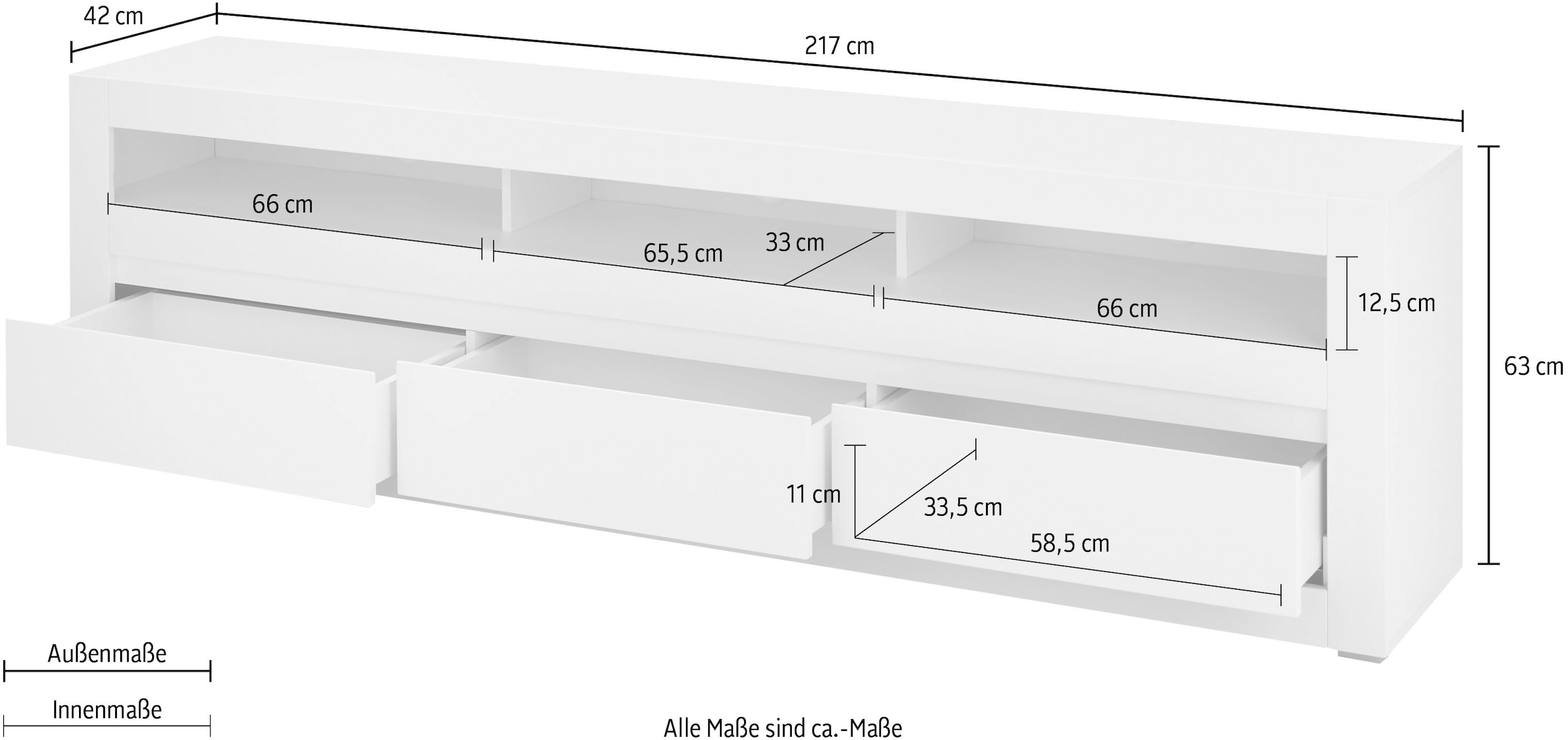 Home affaire Lowboard »Chester, moderner TV-Unterschrank, Kommode mit Stauraum, Weiß Matt« 1 Stk. tlg. austauschbare Blende in Griffleiste, zeitloses Design, 217 cm breit