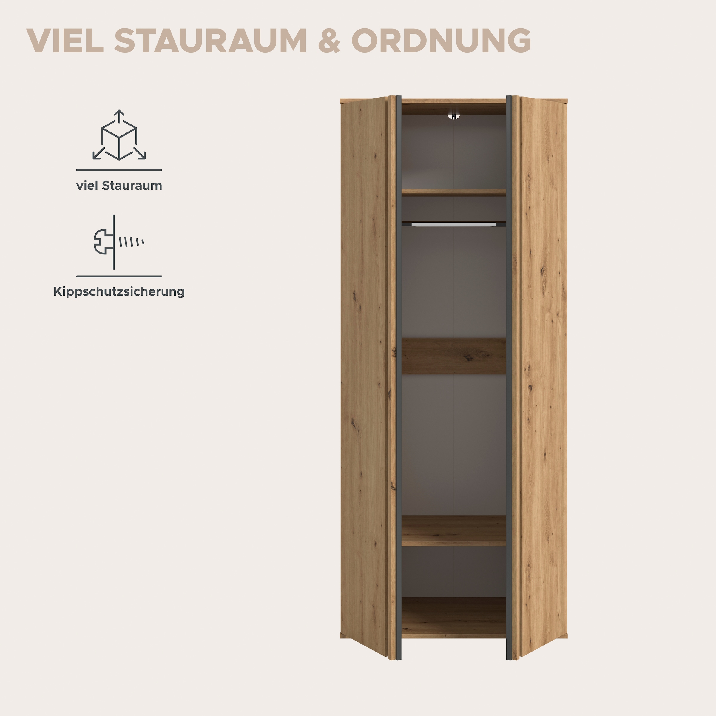 Home affaire Kleiderschrank »ALVA, Breite 80 cm, mit griffloser Front in Paneeloptik, Schrank« Schlafzimmerschrank in weiteren Ausführungen erhältlich,  2 Türen, 1 Kleiderstange, 1 Einlegeboden