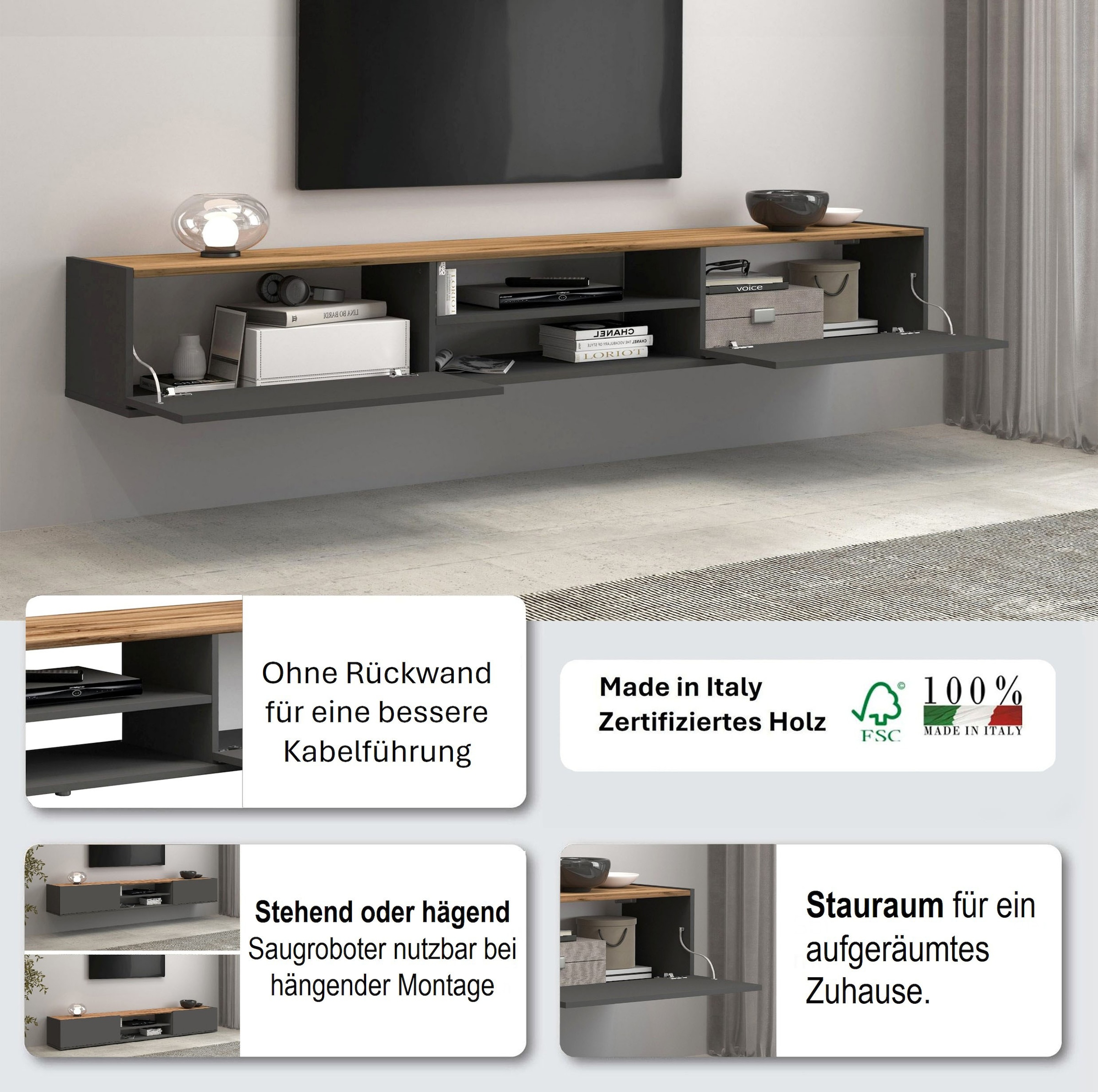 INOSIGN Lowboard »Garda,Lowboard,TV-Kommode,TV-Möbel,TV-Bank«, stehend und hängend mit 2 Klappen, 1 Einlegeboden, Breite 210 cm