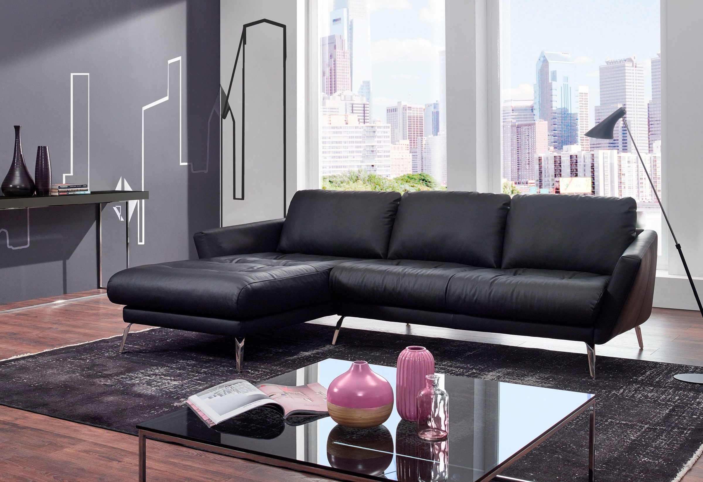 W.SCHILLIG Ecksofa »softy, Designsofa, zeitlos und elegant, hoher Sitzkomfort, L-Form«, mit dekorativer Heftung im Sitz, Füße Chrom glänzend