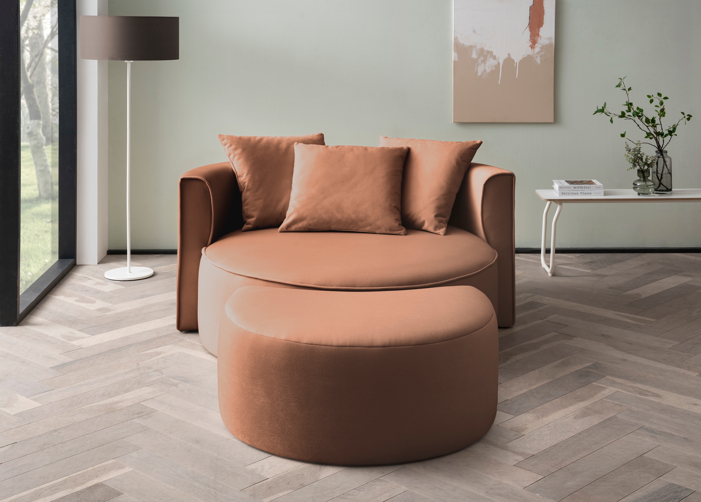 LeGer Home by Lena Gercke XXL-Sessel »Isalie, Rundsessel mit Hocker, Lesesessel, Loveseat, Big-Sessel«, (Set), trendige Stoffe, mit 3 Zierkissen, große Sitzfläche