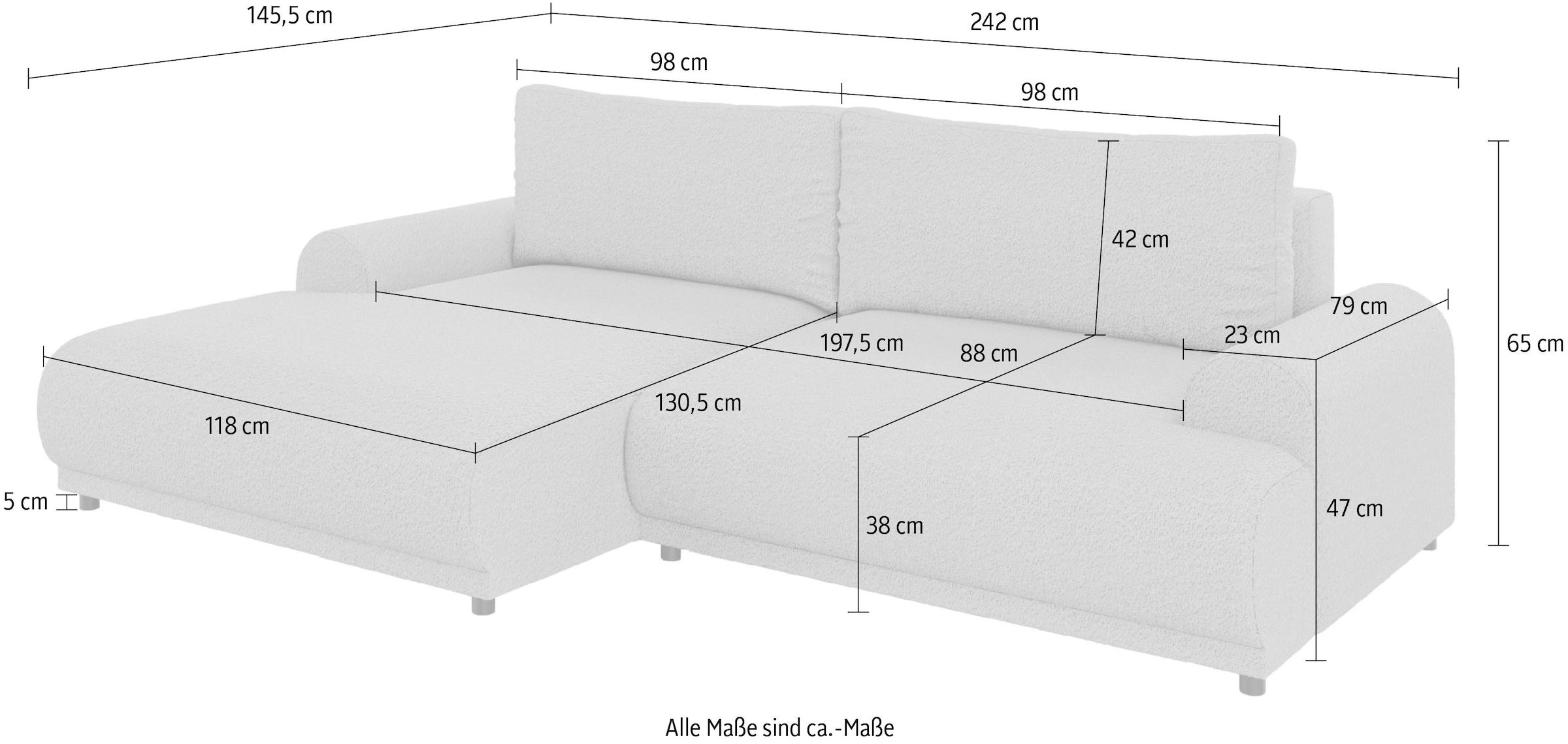 INOSIGN Ecksofa »Marsby, mit Bettfunktion und Bettkasten, Maße: B/H/T 242/65/145 cm«, L-Form mit Wellenunterfederung, Recamiere links oder rechts bestellbar