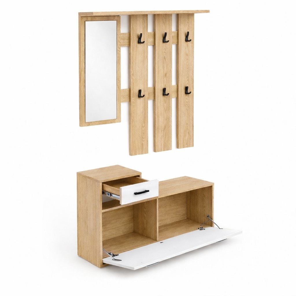 OTTO home Garderoben-Set »Luna Kommode mit 1 Klappe + 1 Schubkasten, Paneel mit Spiegel 6 Haken« 2 Stk. tlg.