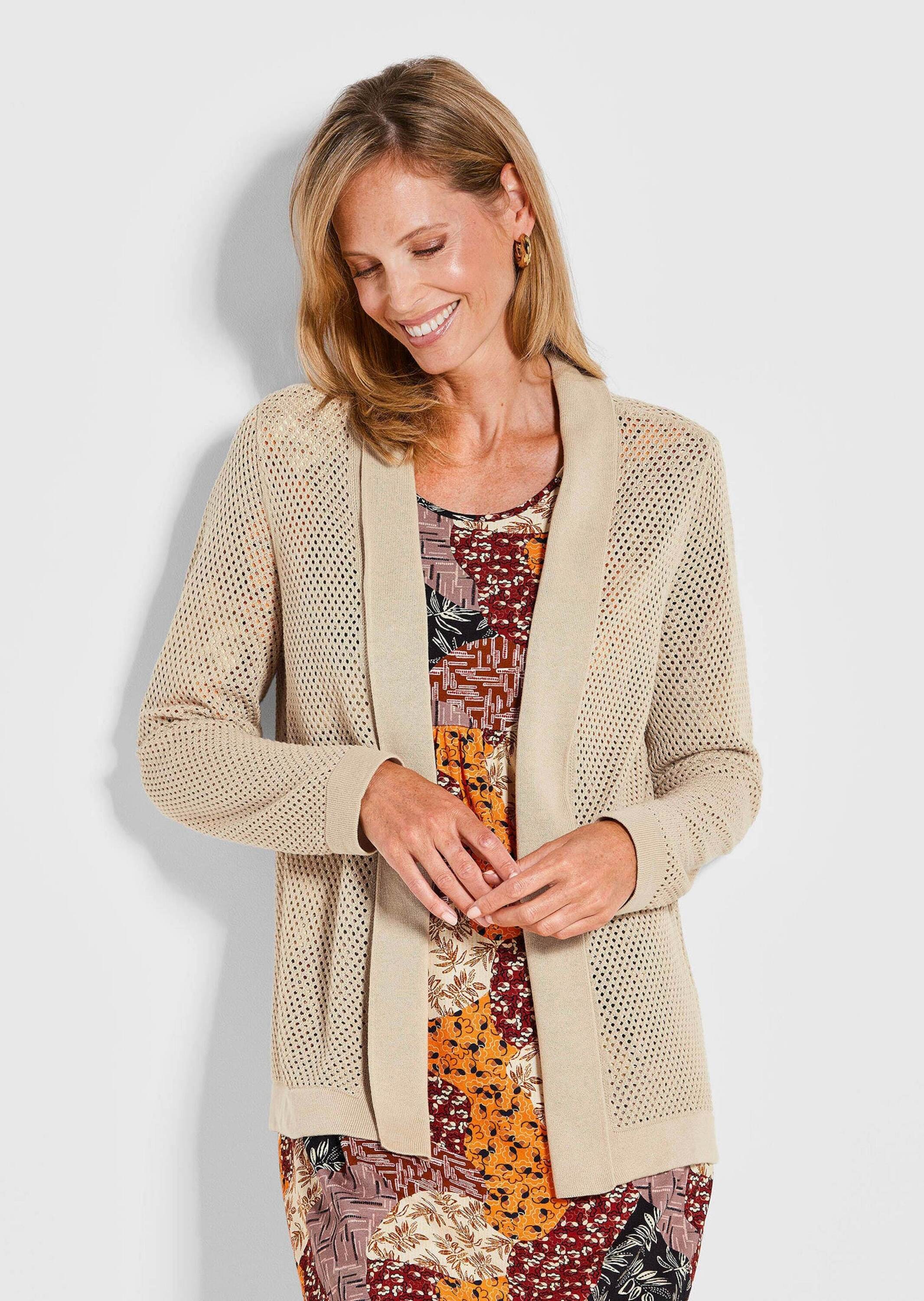 GOLDNER Strickjacke »Braune Cardigan mit Ajourmuster« Lochmuster