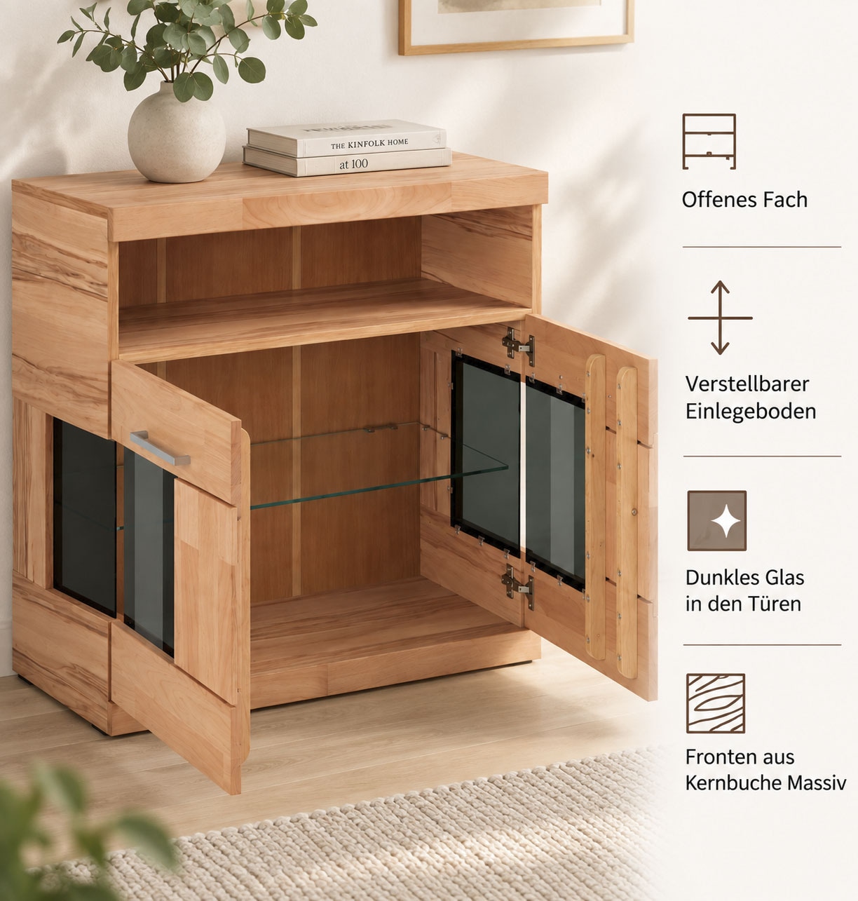 OTTO home Kommode »Ribe 85cm breit,35 cm tief, Fronten Massivholz,2 Türen mit Glaseinsatz« Holz massiv, Holzwerkstoff,3 breite Fächer