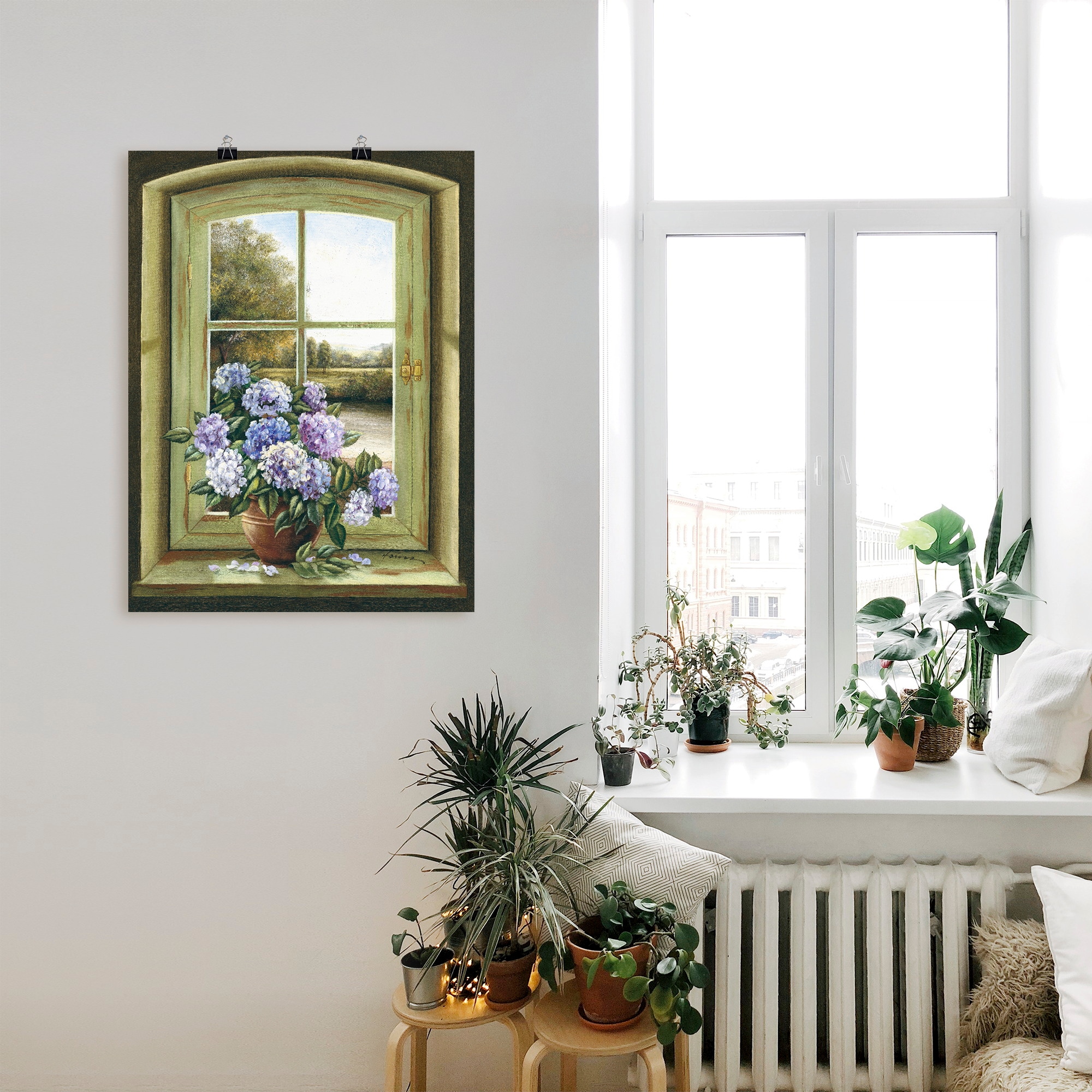 Artland Wandbild »Hortensien am Fenster«, Arrangements, (1 St.), als Alubild, Outdoorbild, Leinwandbild, Poster, Wandaufkleber