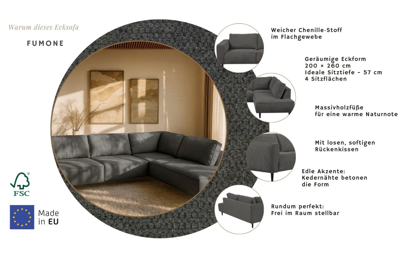 Home affaire Ecksofa »Fumone, Lederoptik oder Soft-Touch Chenille« Breite 260, mit schwarzen Massivholzfüßen
