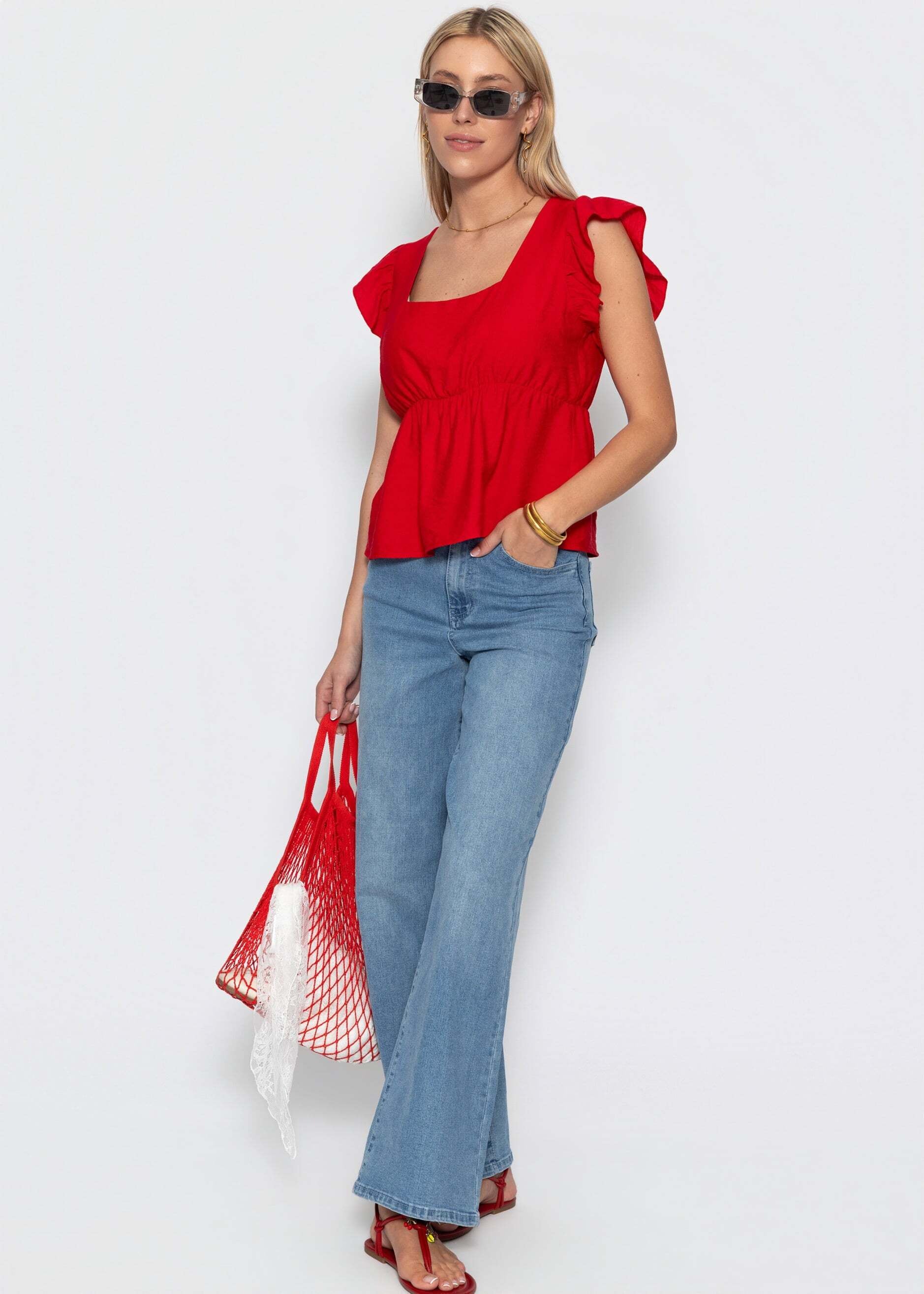 SASSYCLASSY T-Shirt »Blusentop mit Rüschenärmeln« Feminines Top mit eckigem Ausschnitt und elastischer Tailennaht Rot