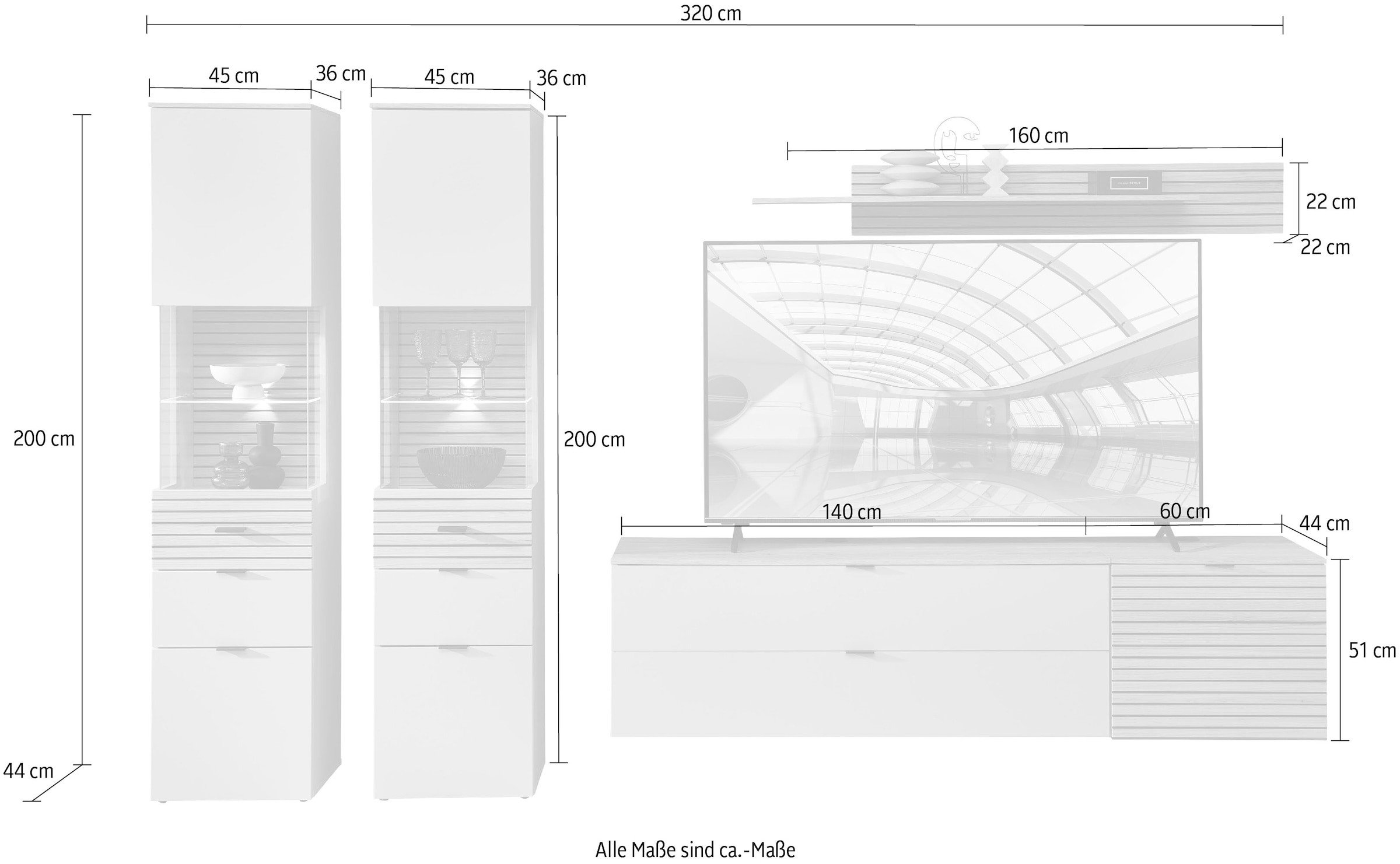 Innostyle Wohnwand »Ina Wohnwand, 320x200x40 cm (B/H/T)« 5 Stk. tlg.