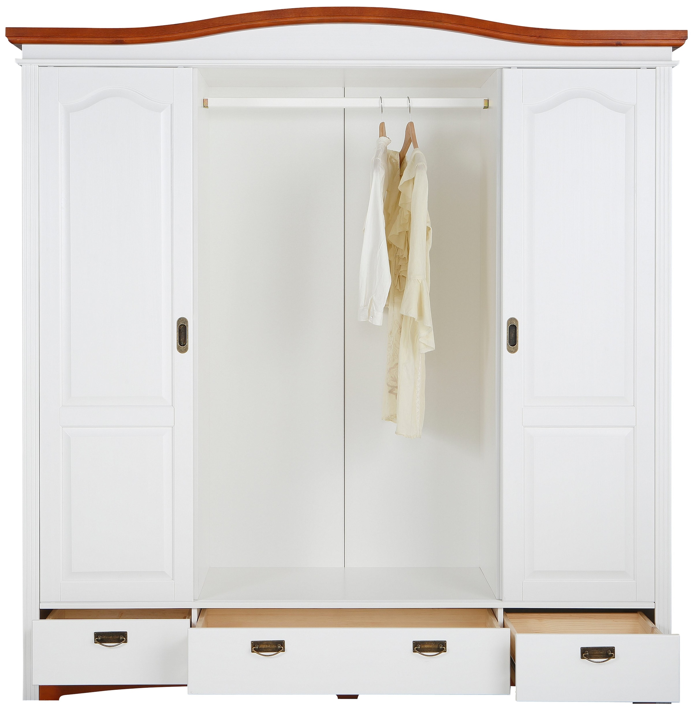 Home affaire Schiebetürenschrank »Konrad, Landhausstil, rustikal, mit Schubladen + Spiegel, Kassetten«, (3 Breiten: 153/202/249 cm H/T ca.207/64 cm), massive Kiefer, FSC®-zertifiziert, Messinggriffe, mehrere Varianten