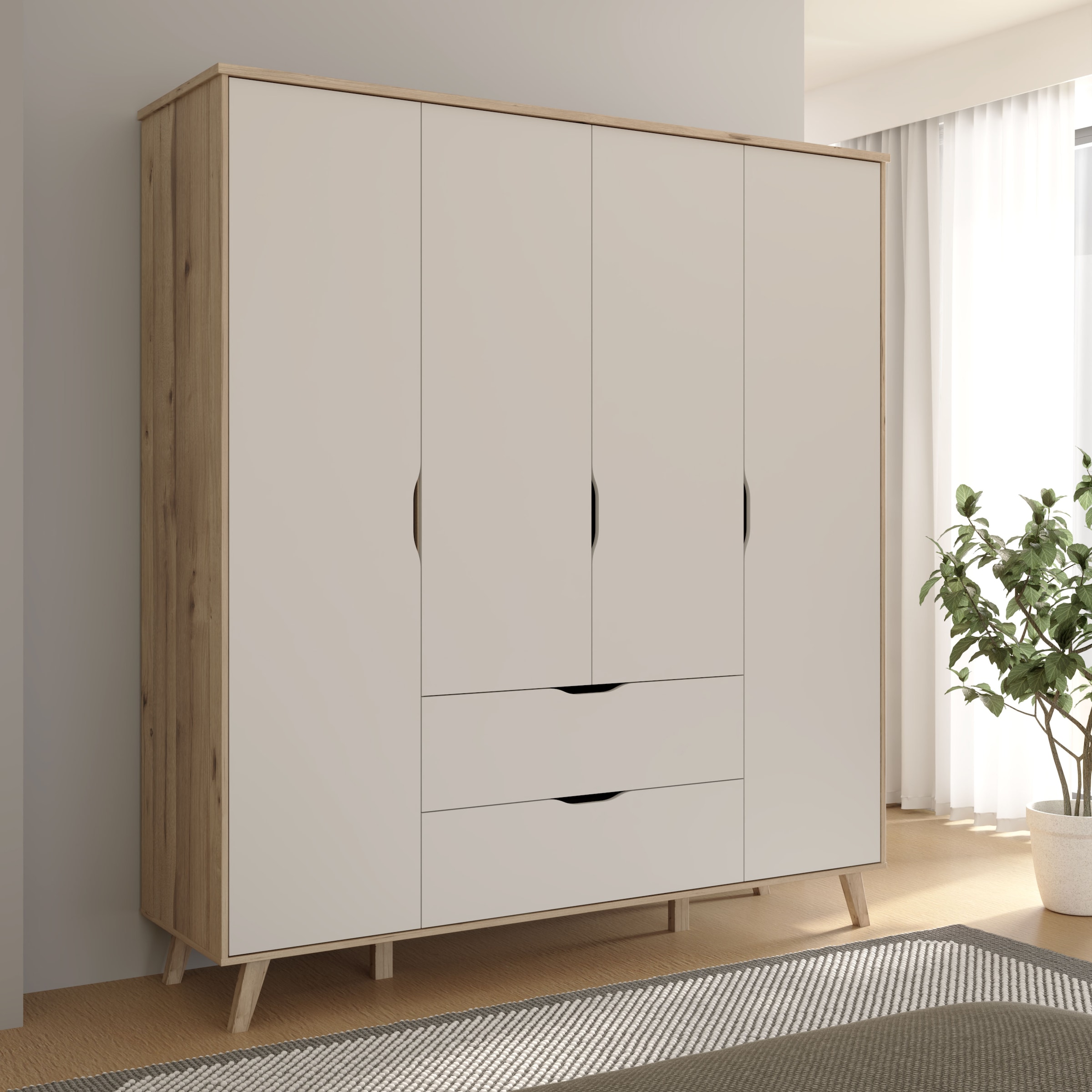FORTE Kleiderschrank »Vankka, Drehtürenschrank, Viel Stauraum, skandinavischer Stil« Made in Europe, mit Einlegeböden+Kleiderstangen+Schubladen,grifflos