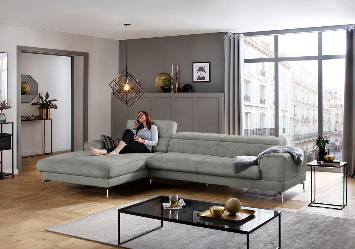 W.SCHILLIG Ecksofa »piedroo, Designsofa mit tollem Sitzkomfort, elegant und bequem, L-Form«, Kopfteilverstellung, wahlweise mit Sitztiefenverstellung, Breite 343cm